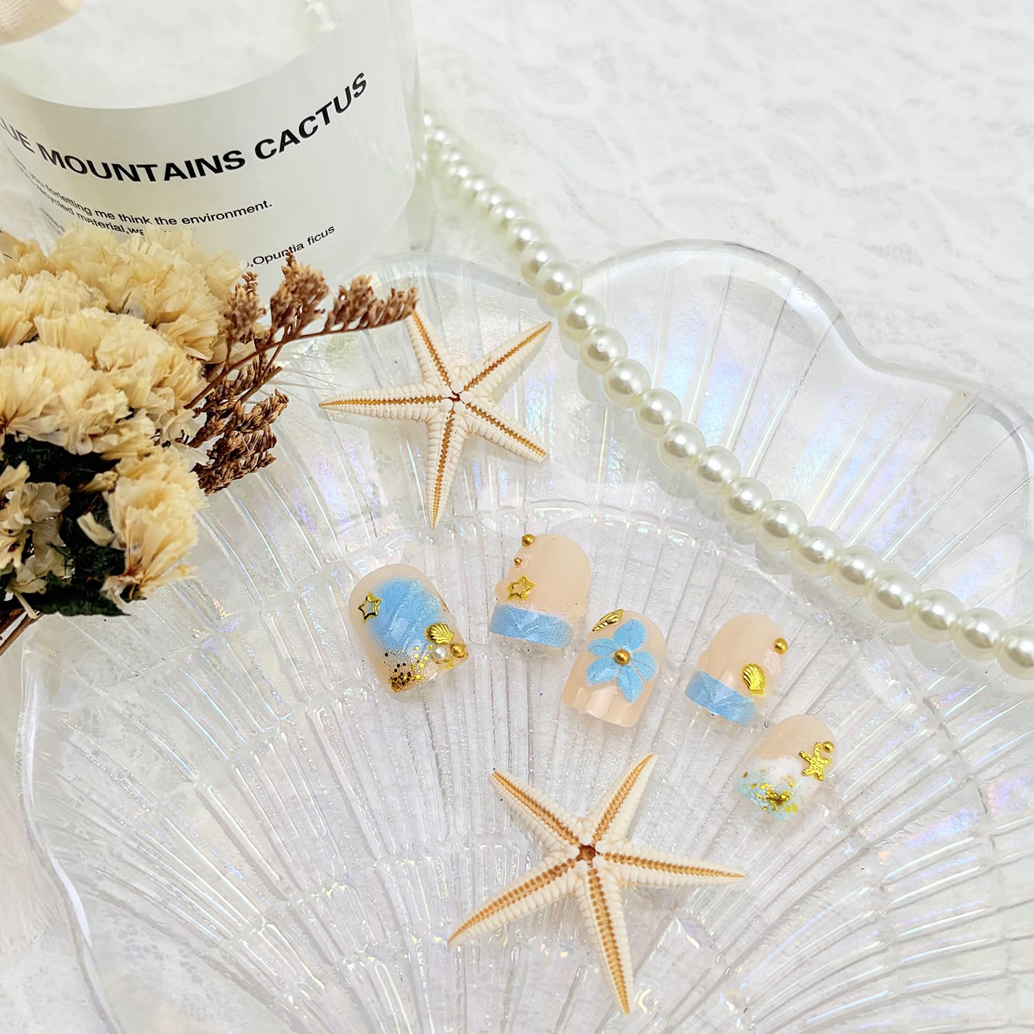 24pcs Blue Press on Nails Short Square French Tip Fake Nails 3D Flower False Nails with Gold Beads Designs Stick on Nails Summer Ocean Shell Starfish Conch Glue on Nails for Women Manicure Decoration