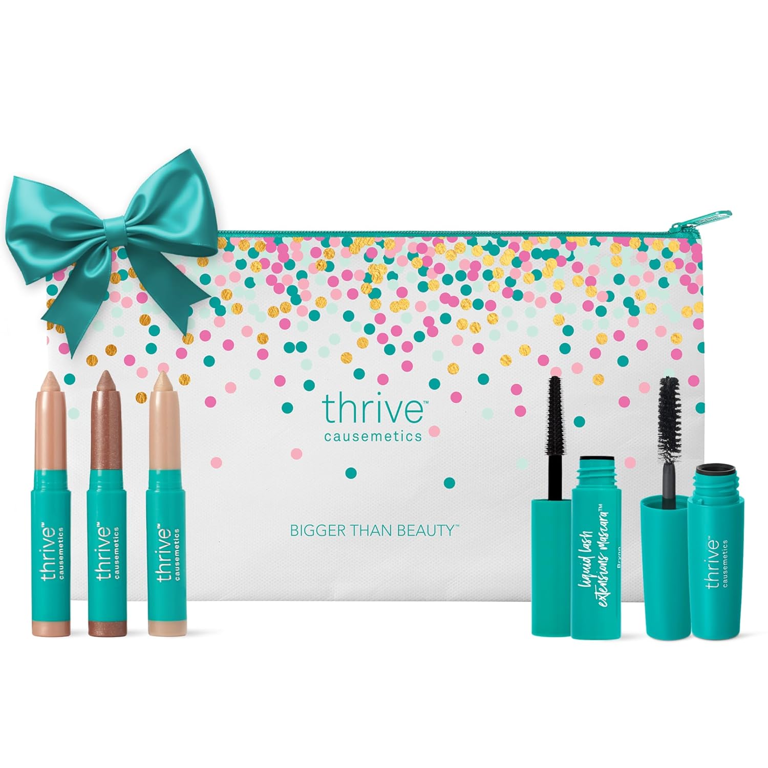 Thrive Causemetics Mini Makeup Essentials, Gift Set for Women, Deluxe Mini Liquid Lash Extensions & Volumizer Mini Mascaras, Brynn (Rich Black), Mini Eye Brightener Highlighter Sticks - 3 Shades