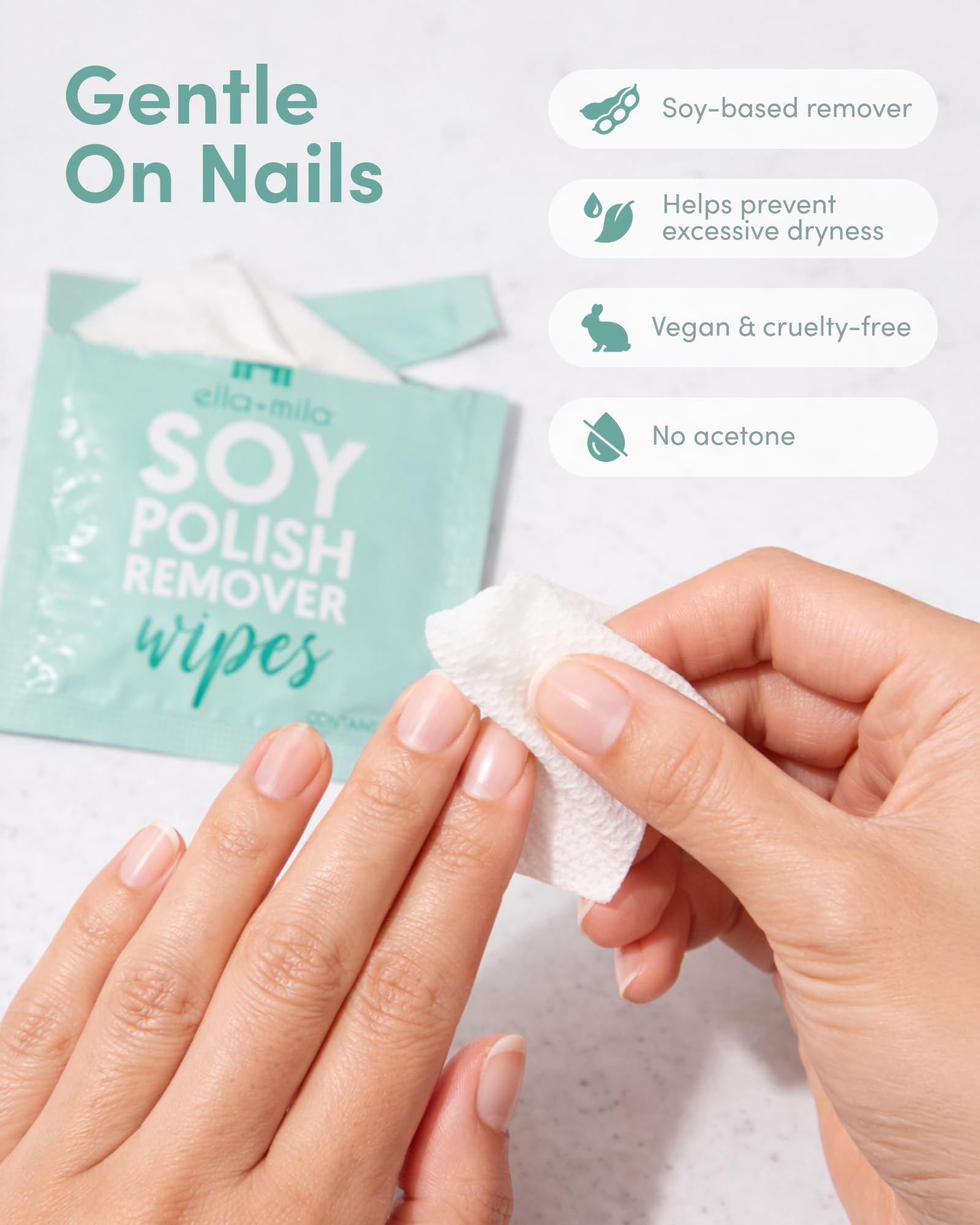 ella+mila Soy Nail Polish Remover Wipes - Non-Acetone, Non-Toxic Fingernail Polish Remover Pads - Travel Size, Individually Wrapped, Lint Free - Enriched with Vitamins (12 Pack)