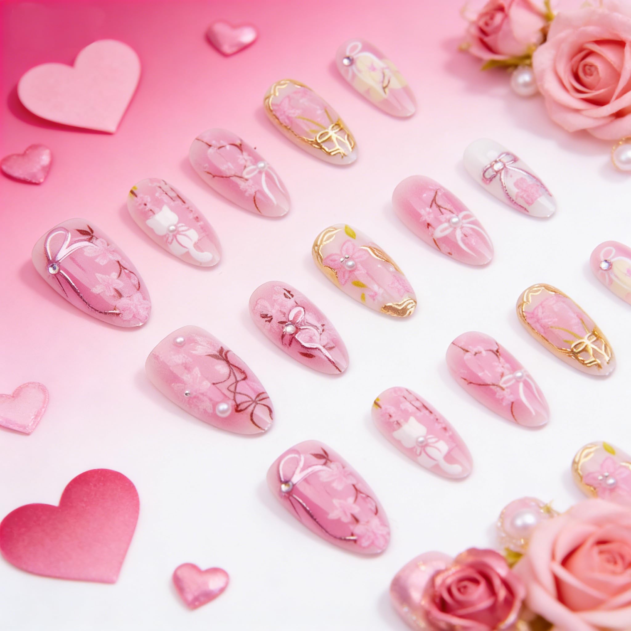 30Pcs Pink Flower Press on Nails Medium Almond Fake Nails Peach Blossom with 3D Rhinestones Pearl Gold Glitter Design Artificial Cute Cat Nails Stick on Nails Spring False Nails for Women Acrylic Nail