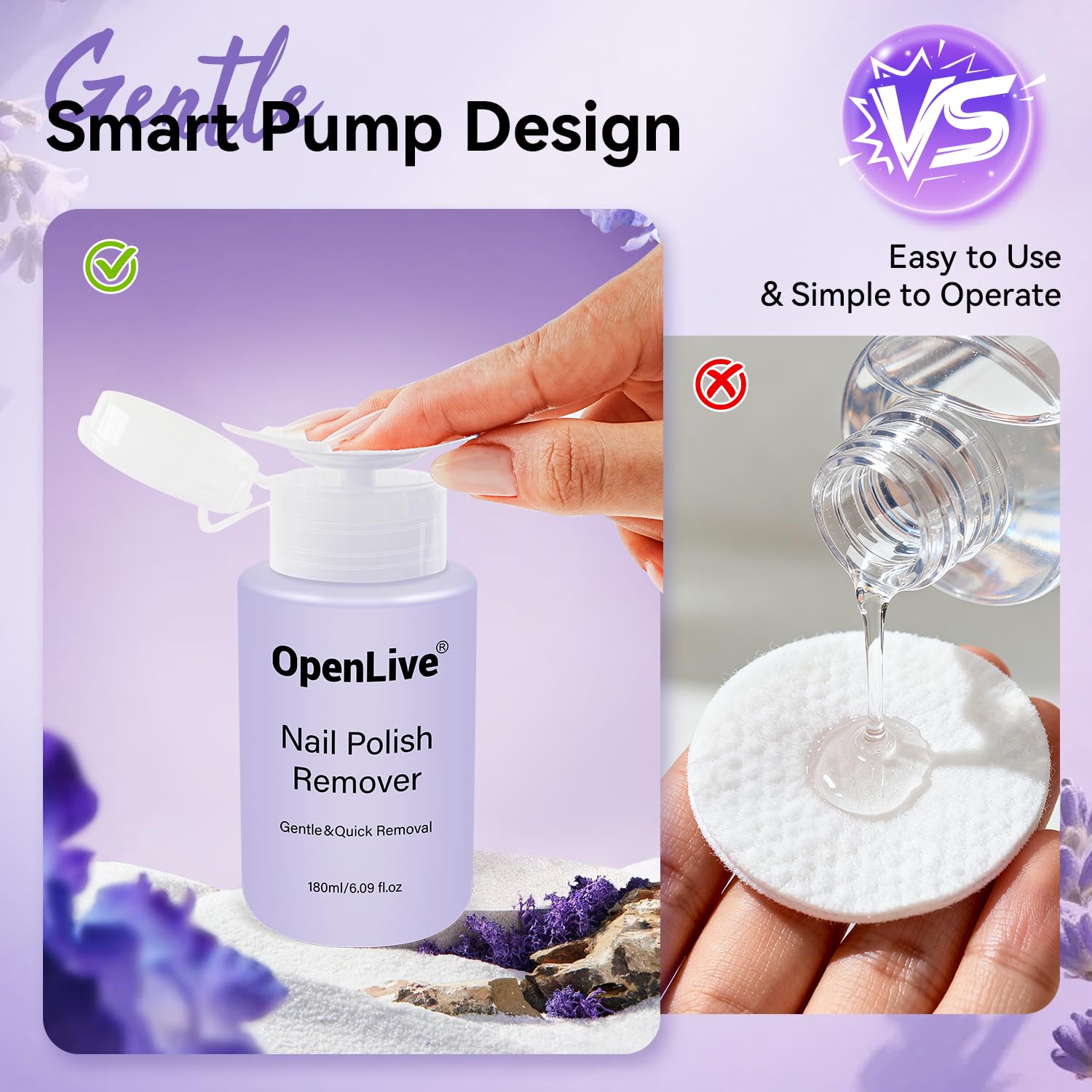 OpenLive Lavender Scent Nail Polish Remover, 180ml Non Acetone free Nail Polish Remover for Regular Nail Polish with Easy Push-down Pump, 6.08 Fl Oz