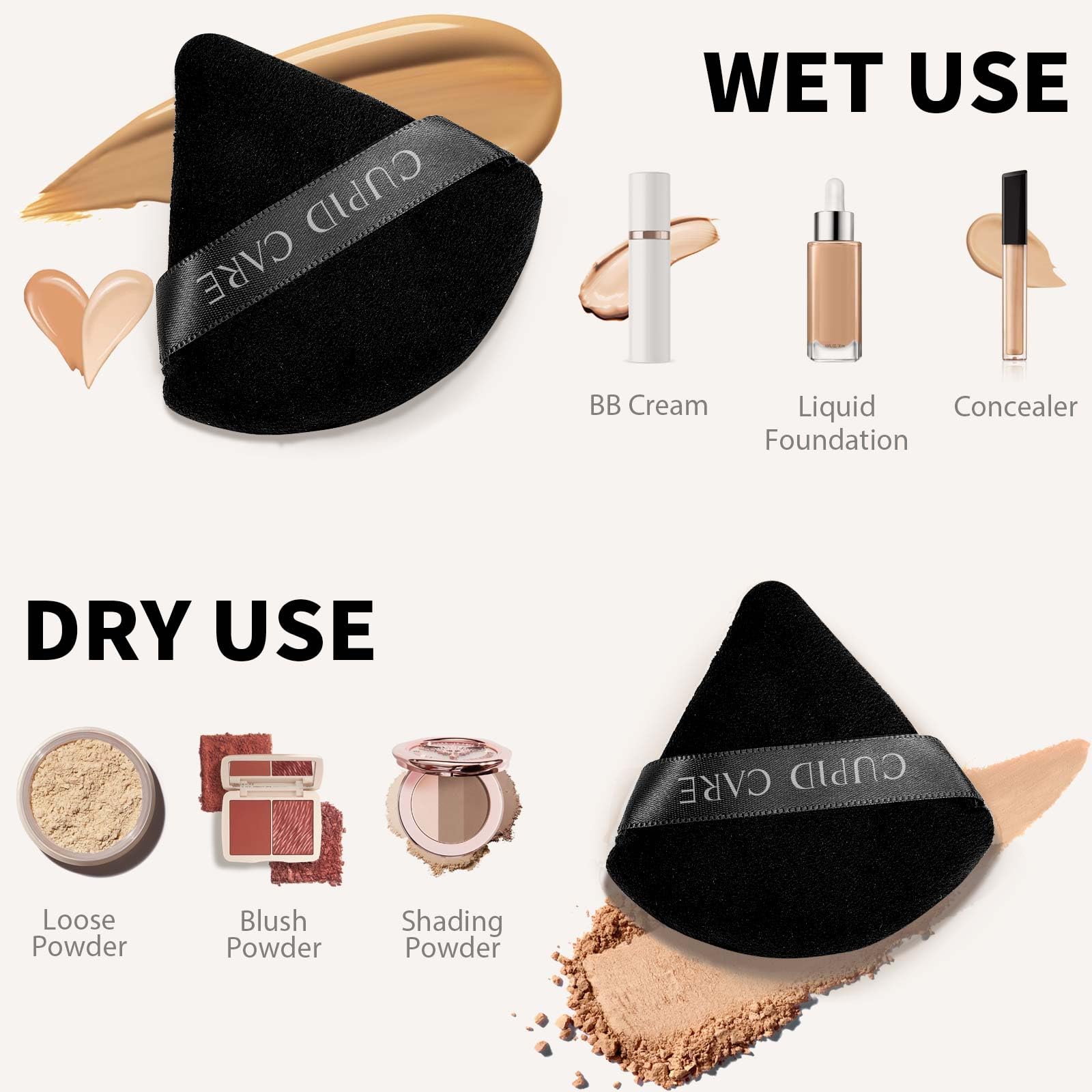 CUPID CARE 6 Pcs Triangle Powder Puff with 2 Travel Cases, Setting Powder Puffs for Face, Velour Makeup Puff for Loose Powder Body Powder, Blender Sponge Foundation Blending Sponges Beauty Tools