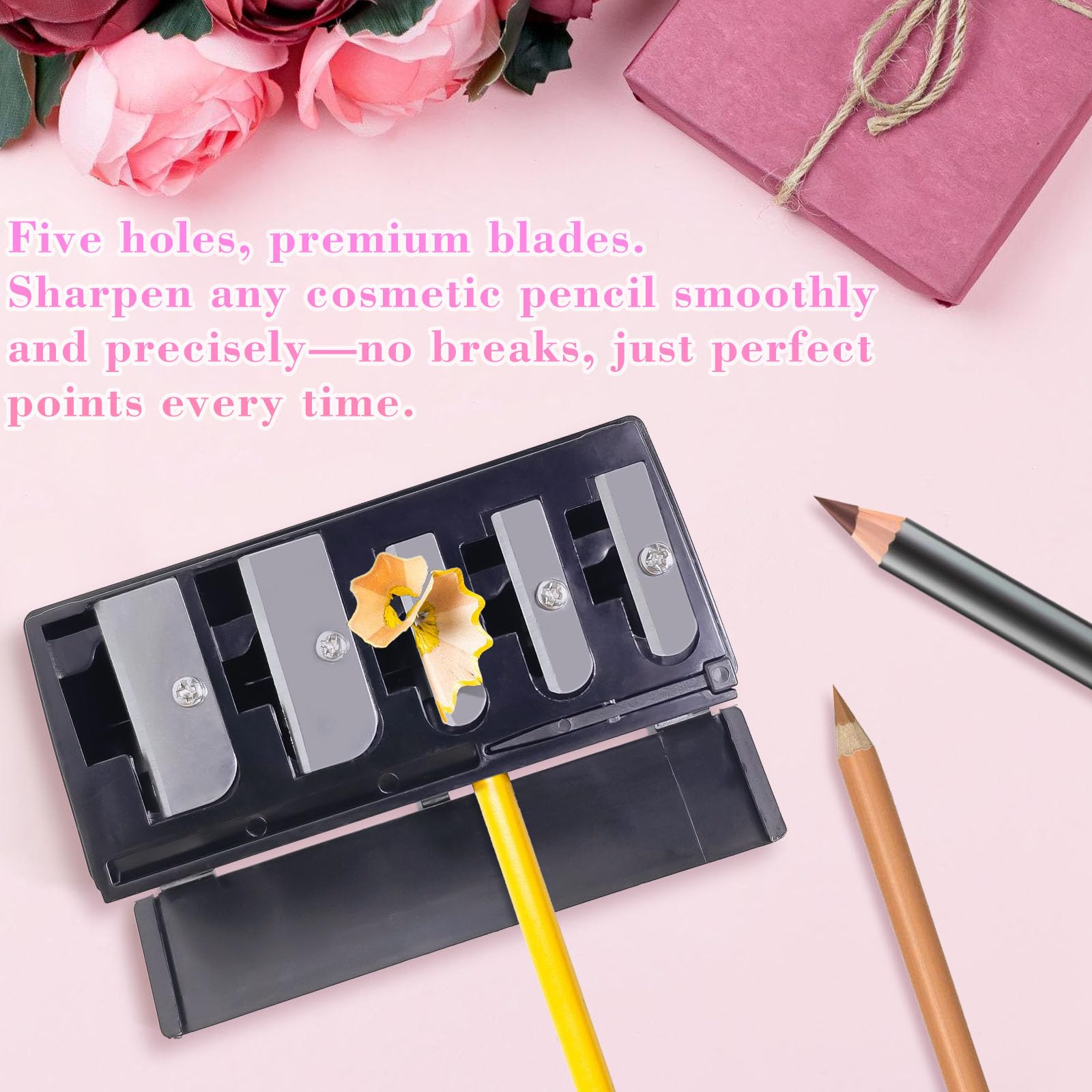 2-Pack 5 Hole Cosmetic Pencil Sharpener, Makeup Pencil Sharpener with Lid-Long Point Eyeliner Sharpener,Eyebrow and Lip Liner Sharpener for Women,Portable Manual Makeup Tool (Black)