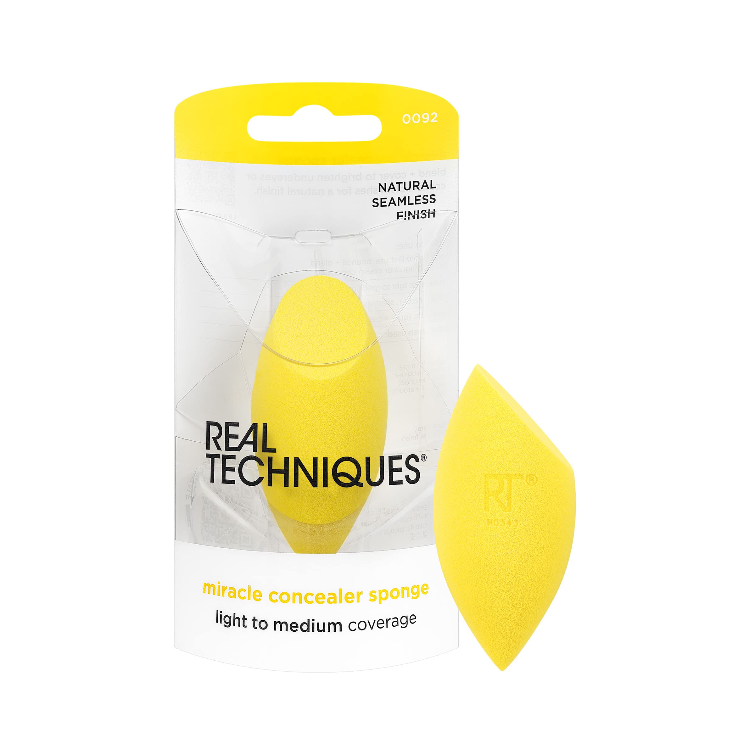 Real Techniques Miracle Concealer Sponge, Makeup Blending Sponge For Liquid & Cream Concealer, Elongated Shape For Precise Application Under Eyes & Tight Areas, Yellow, Latex-Free Foam, 1 Count