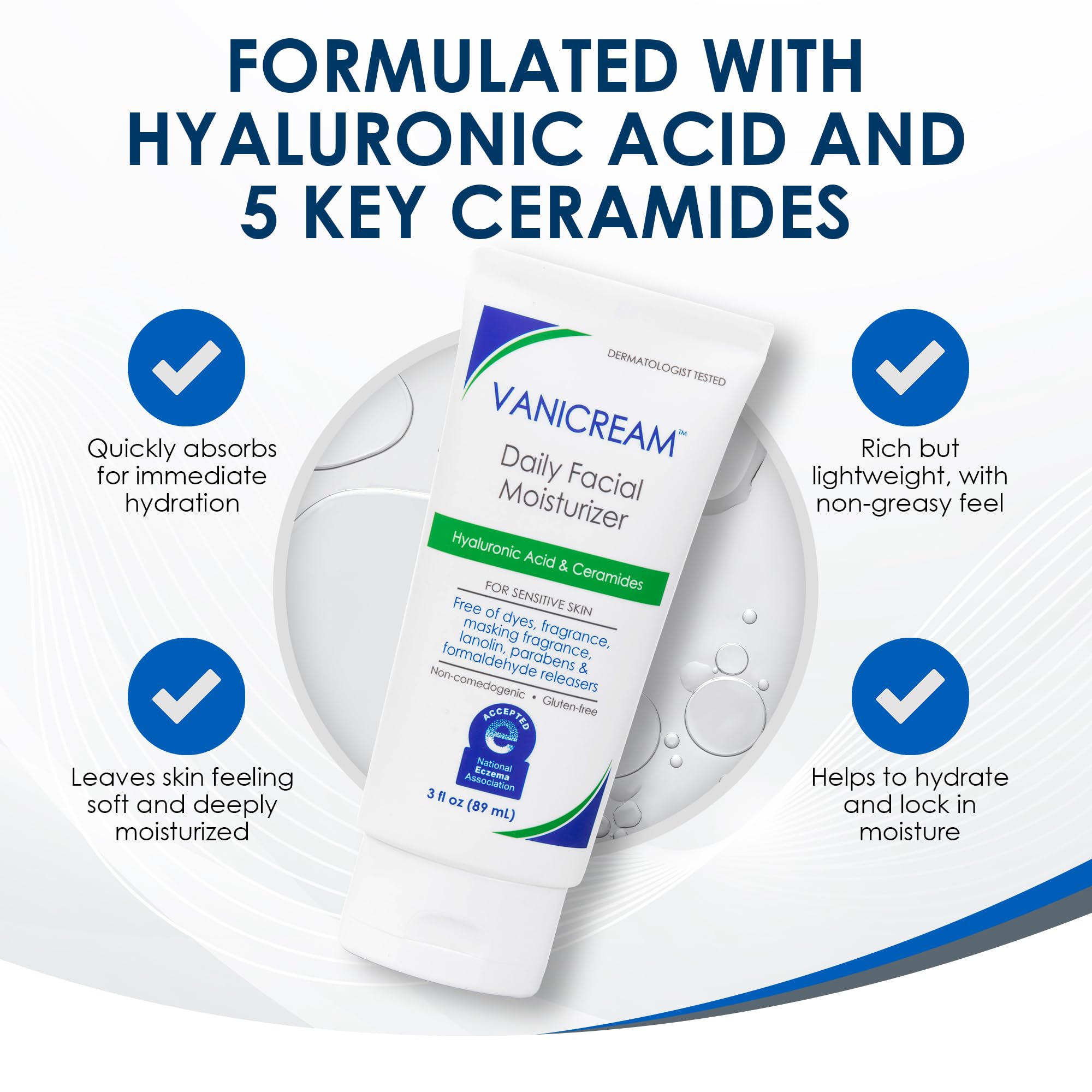 Vanicream Daily Facial Moisturizer With Ceramides and Hyaluronic Acid - Formulated Without Common Irritants for Those with Sensitive Skin, 3 fl oz (Pack of 1)