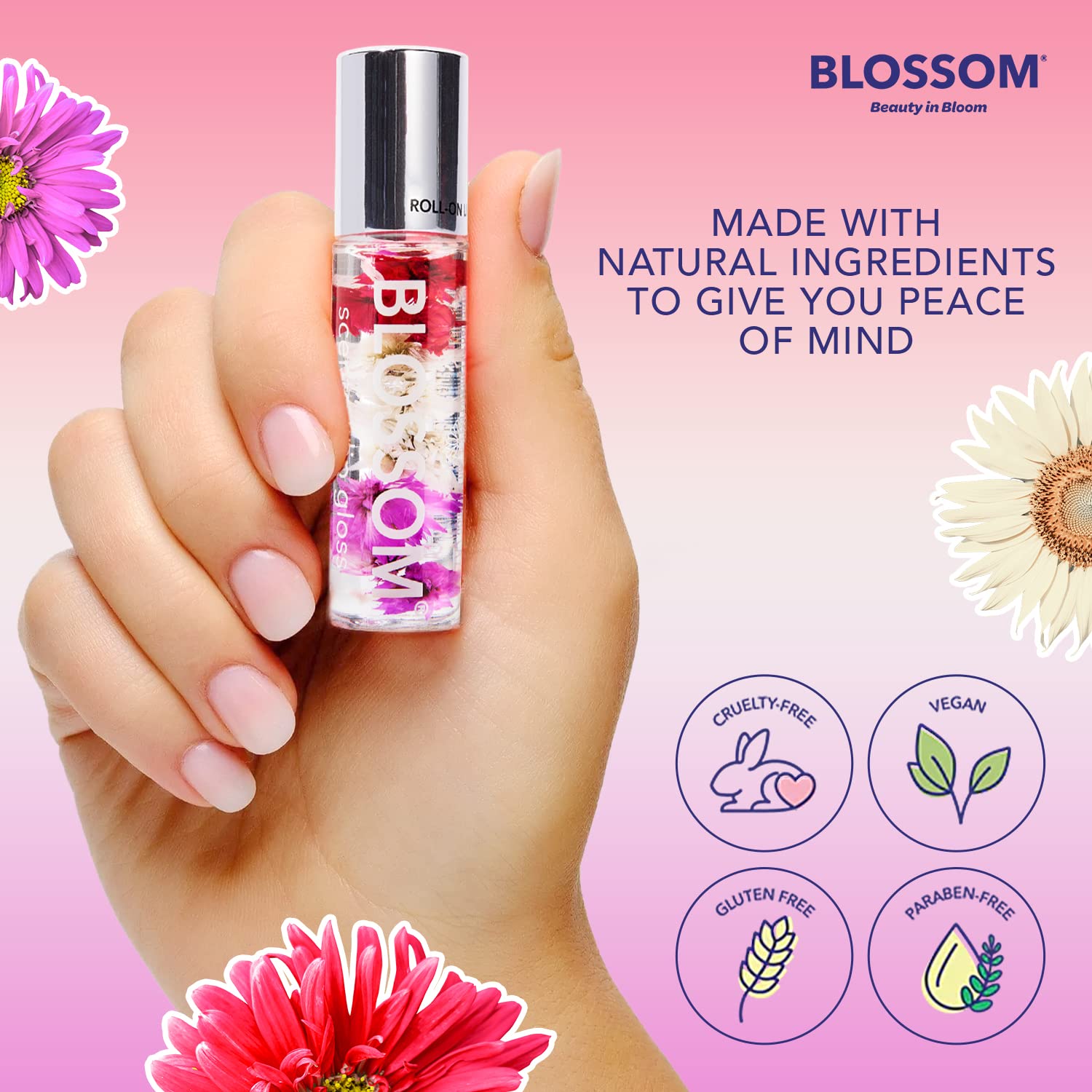 Blossom Roll on Lip Gloss, Scented Clear High Shine Moisturizing Lip Oil, Non Sticky, Infused with Real Flowers, Made in USA, 0.3 fl. oz./9ml, 3 pack Mini Gift Set, Strawberry, Watermelon, Mango