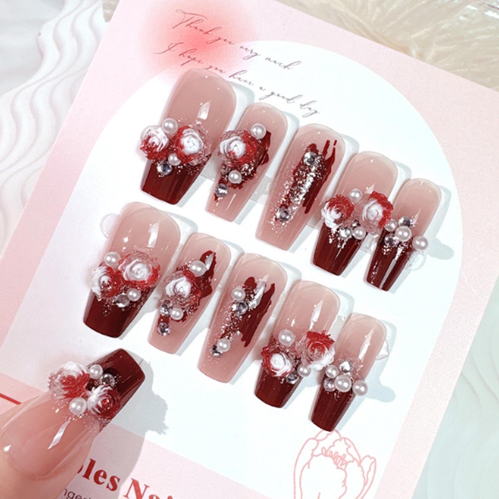 Hkanlre 3D Press on Nails Medium Fake Coffin Nails Tips Full Cover Luxury False Nails for Women and Girls 24PCS