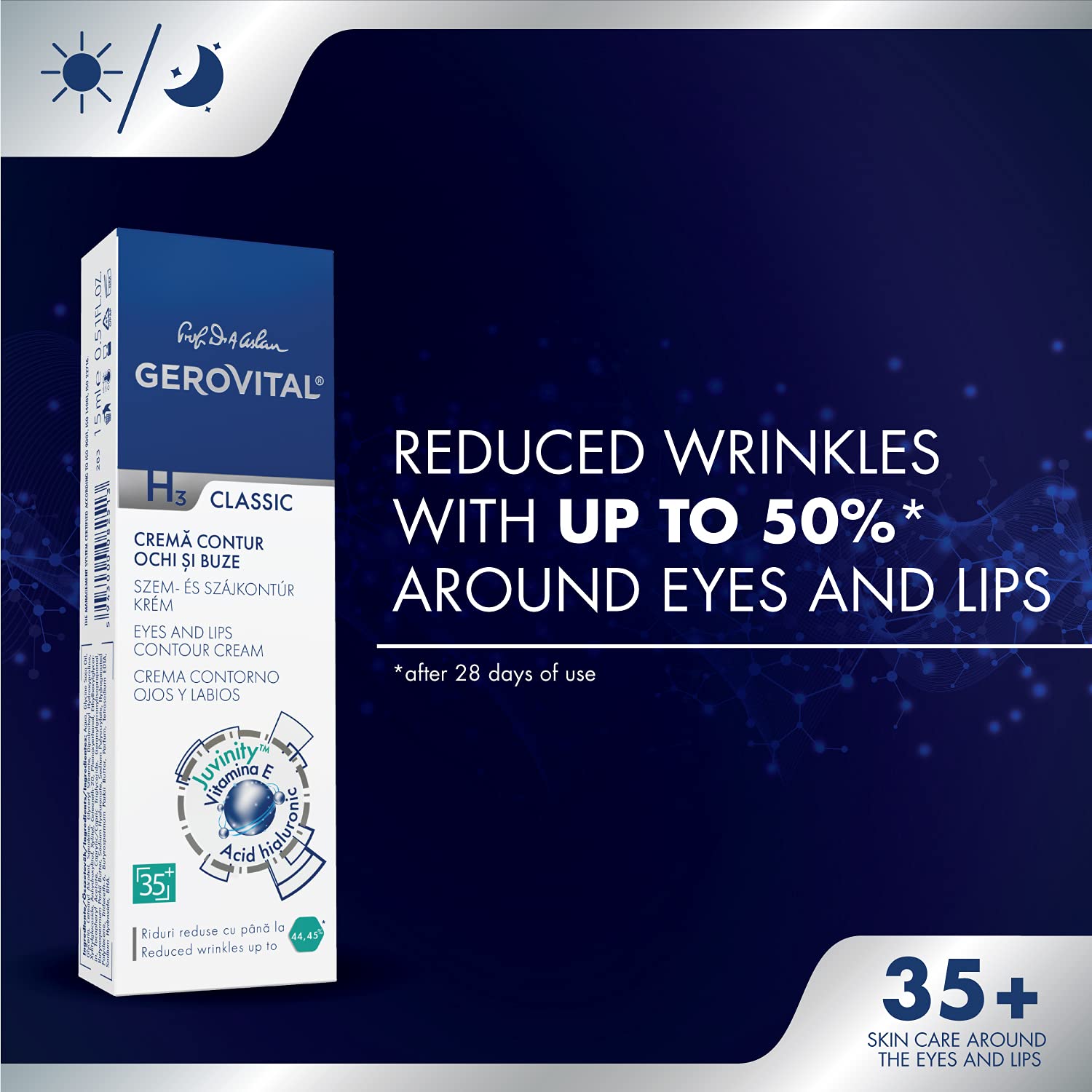 GEROVITAL CLASSIC Anti-wrinkle around Eyes and Lips Lifting Cream with Hyaluronic Acid, Vitamin E and Juvinity™ for Dark Circles, Fine Lines & Wrinkles, 15 ml