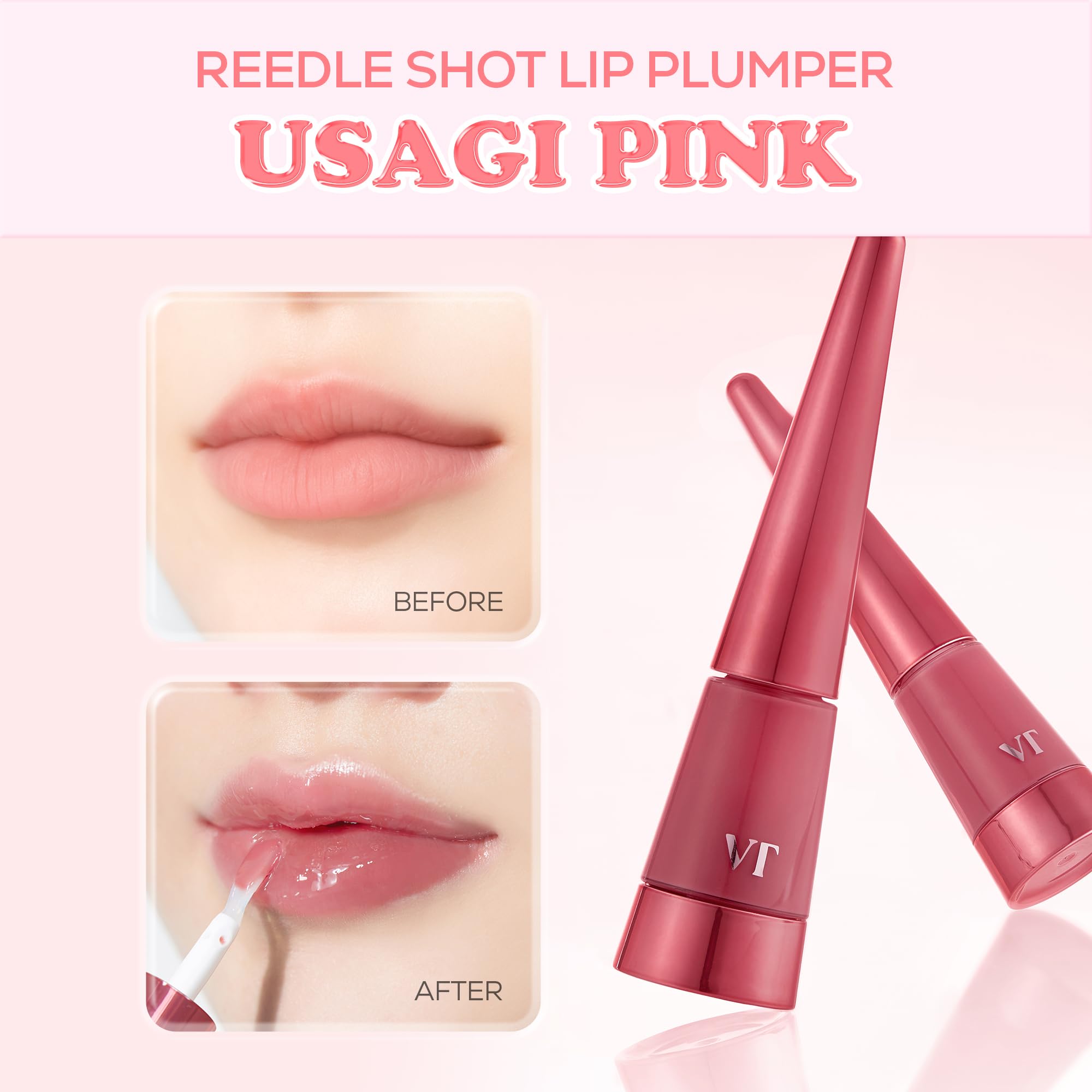 VT COSMETICS Reedle Shot Lip Plumper in Usagi Pink, Hydrating Plumping Lip Gloss, High Shine Finish, Infused with Jojoba Oil & Hyaluronic Acid, Korean Beauty Makeup, 0.15 oz.