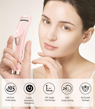 Heated Eyelash Curler Premium PRO - Fast Heat up in 8s - 24 Hours Long Lasting - Rechargeable Electric Eyelash Curler with Type-C, Innovative L Silicone, 2 Heat Modes, Anti-Burn Eyelid, Pink-HA