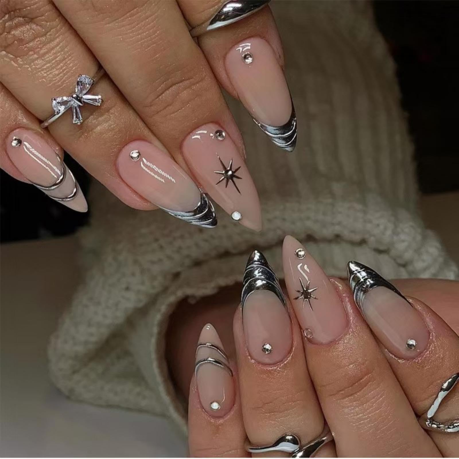 Silver Press on Nails Medium Almond Fake Nails Nude Glossy False Nail with Design Shiny Rhinestone Glue on Nails Reusable Artificial Acrylic Full Cover Star Stick on Nail for Women Manicure 24Pcs