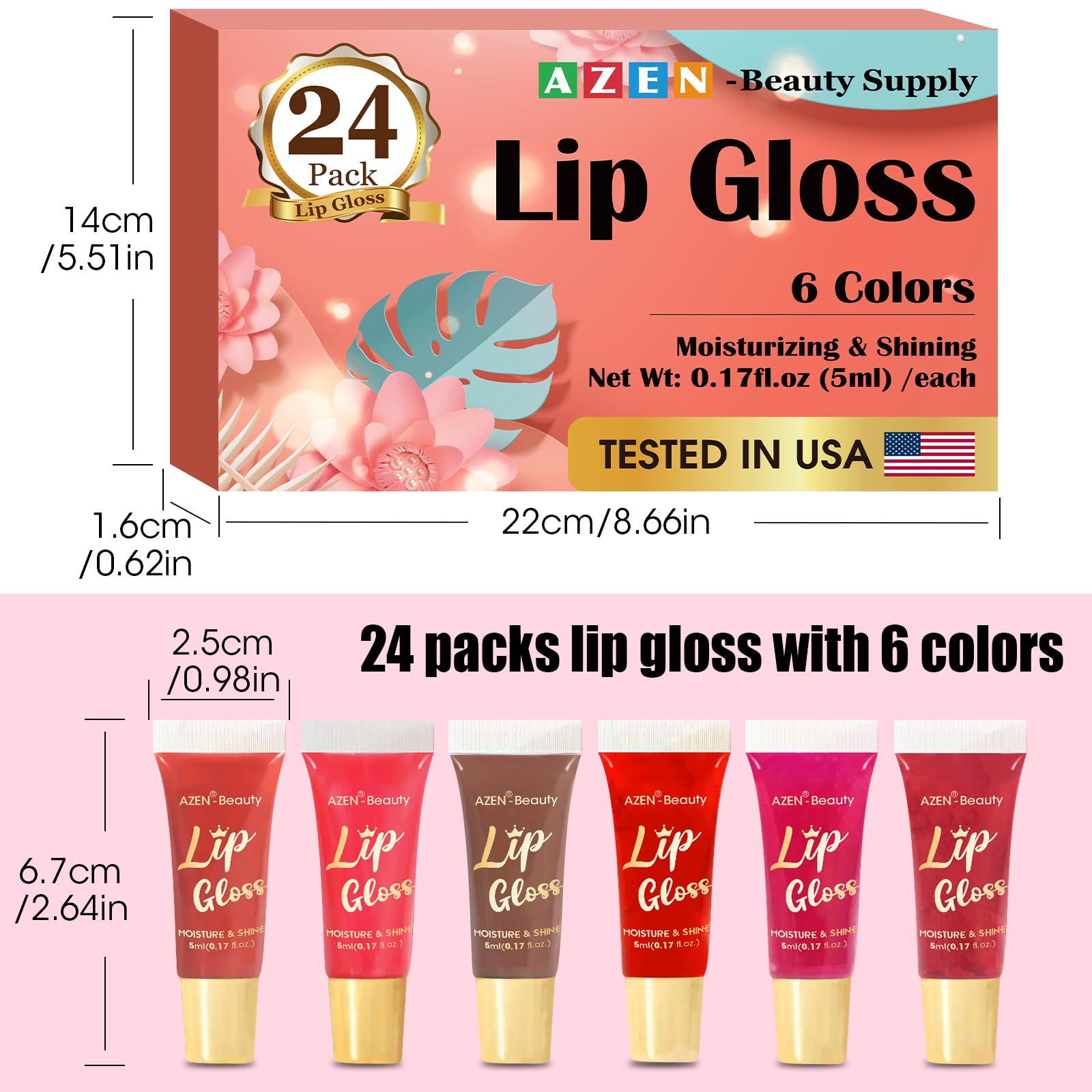 AZEN 24 Pack Lip Gloss Set, Color Lip Oil for Dry Cracked Lips Moisturizing Hydrating Nourishing with Vitamin E, Mothers Day Gifts for Women
