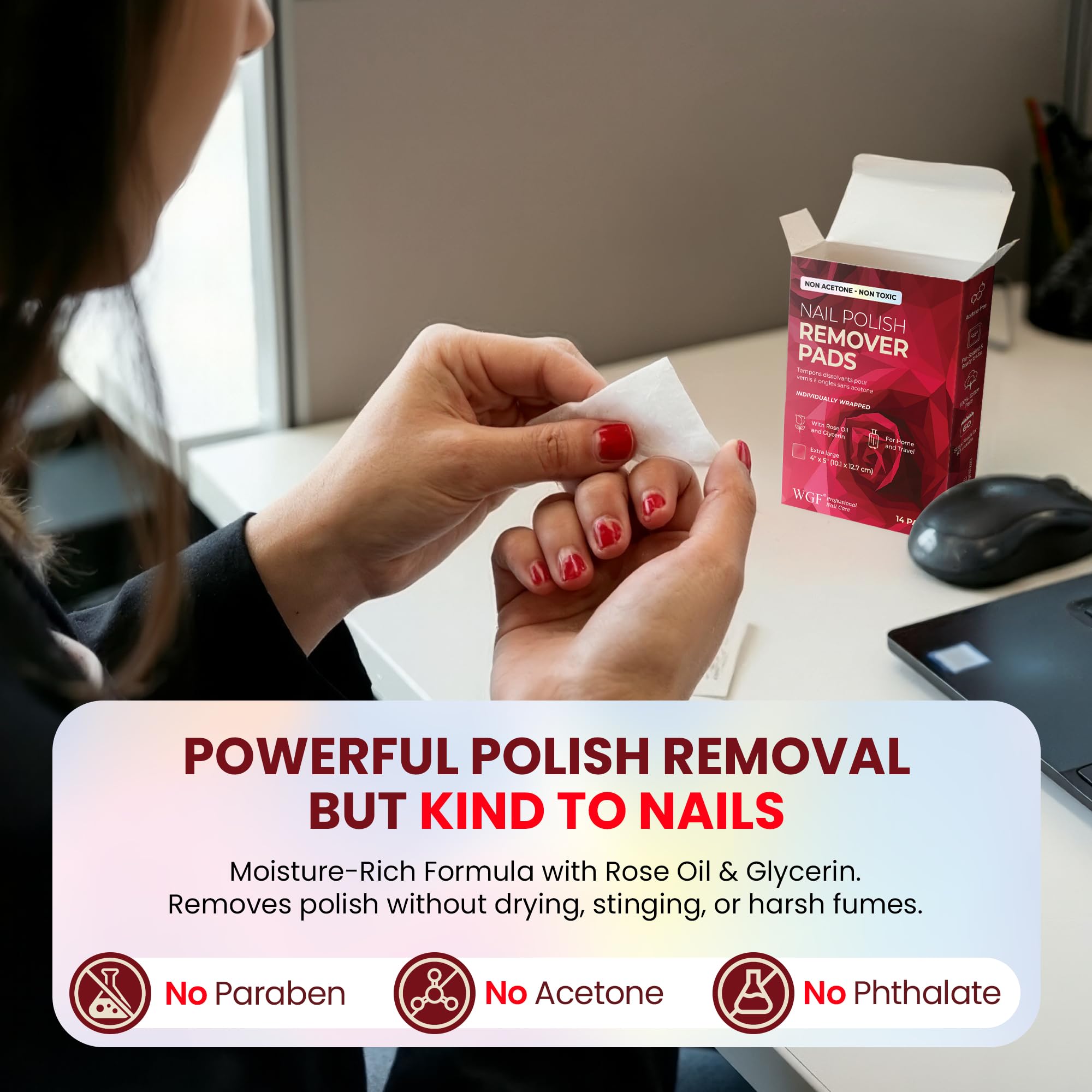 Nail Polish Remover Pads - 14 PCS - 100% Non-Acetone Gentle Formula - Individually Wrapped Wipes - Travel Size Fingernail Remover for Purse & Quick Touch-Ups