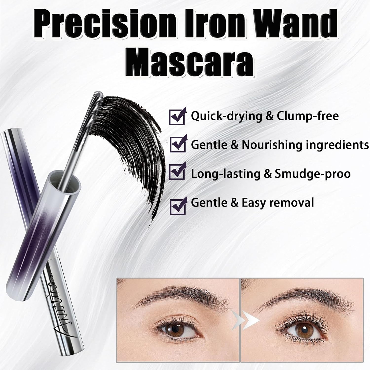 Iron Wand Mascara, Metal Wand Mascara, 3D Curling Metal MascaraWand, Clump-Free, Waterproof & Smudge-Proof Formula For Naturally Long, Thick Lashes