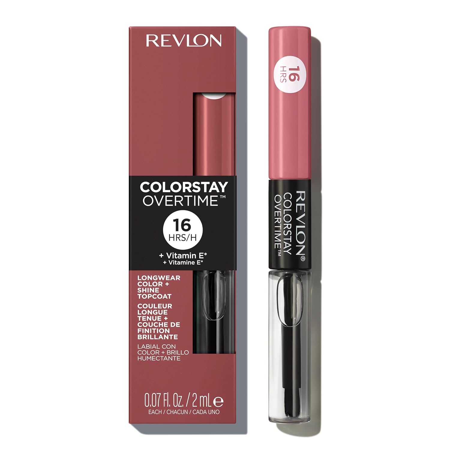 Revlon ColorStay Overtime Liquid Lipstick with Clear Lip Gloss, Long-Lasting Lip Color, Dual Ended with Moisturizing Vitamin E, 350 Bare Maximum, 0.07 fl oz