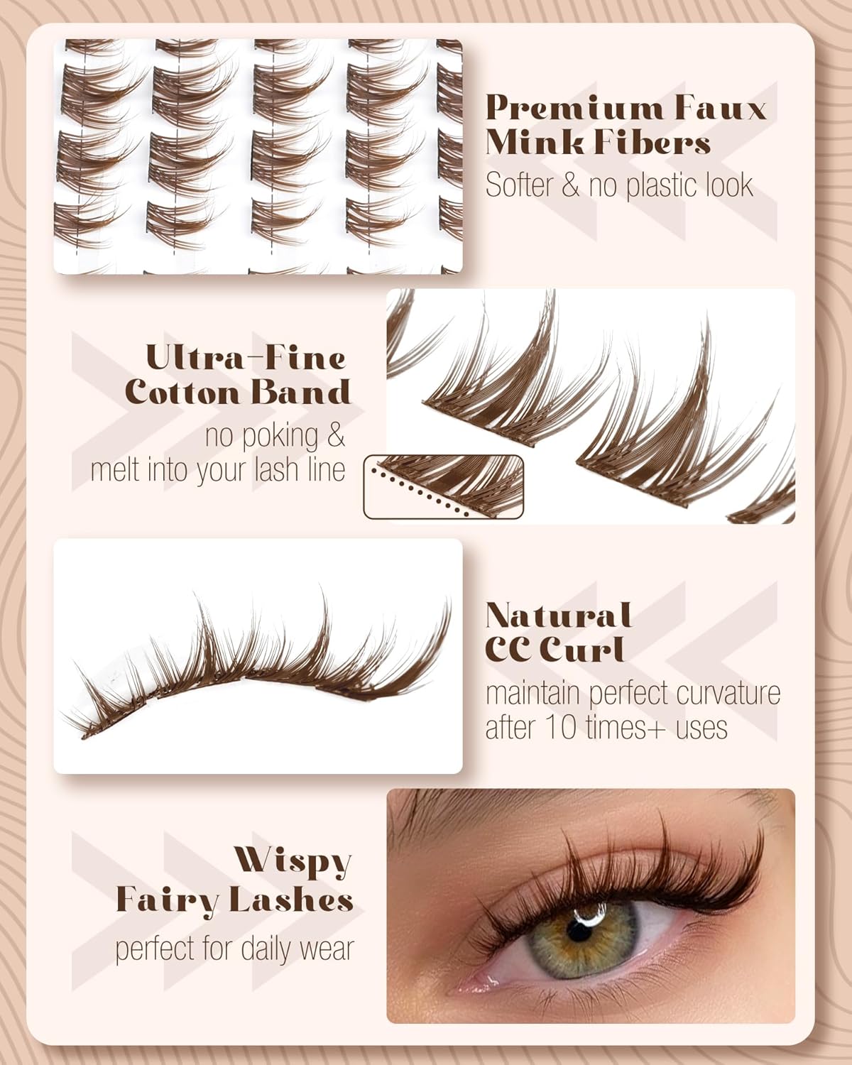 Cat Eye Lash Clusters Brown Eyelash Clusters Fox Eye Individual Lashes Extensions Spiky Cluster Eyelash Extensions Fairy Cluster Lashes Fluffy Anime DIY Lash Pack Pestañas Postizas (CC Curl, 96Pcs)