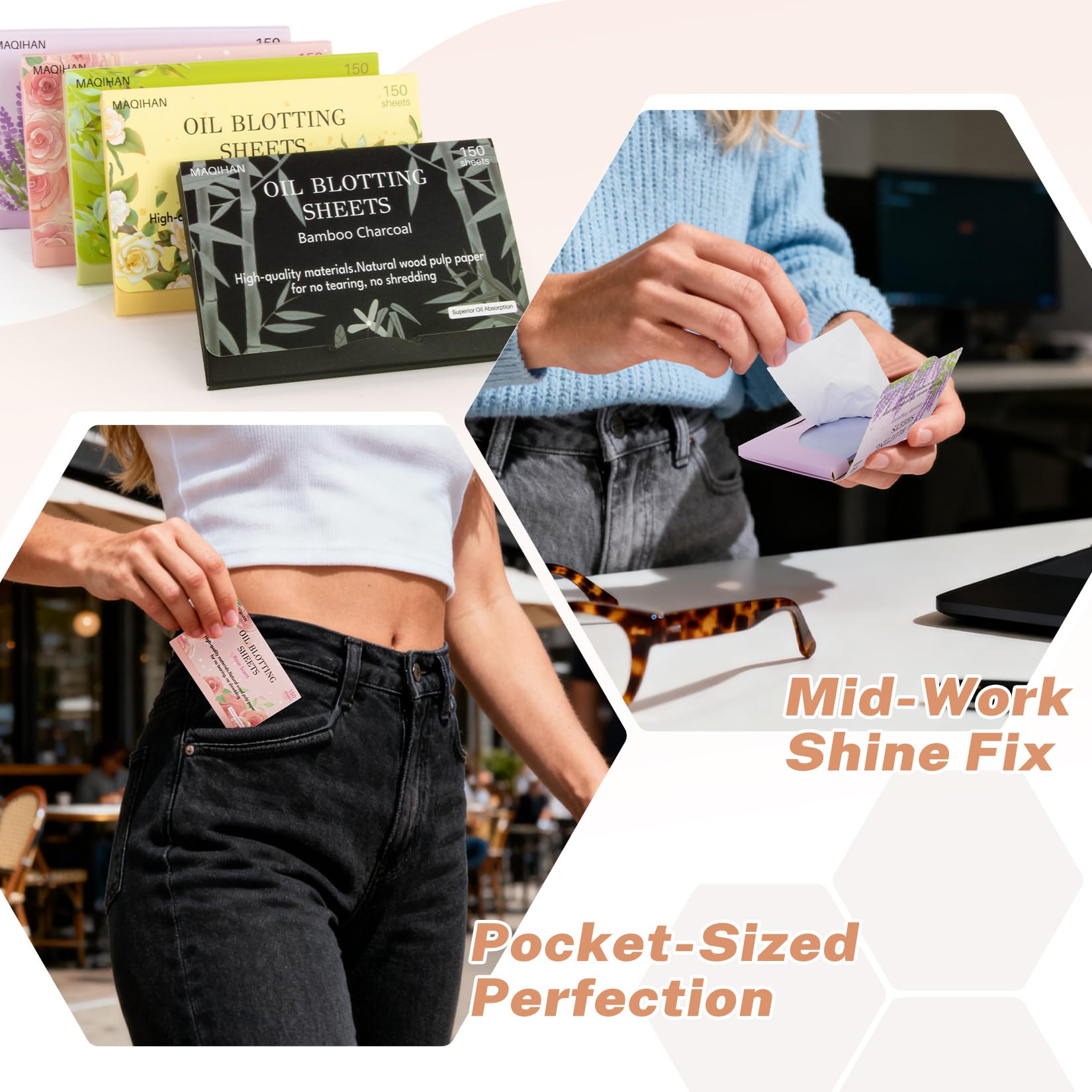 5 Packs Oil Blotting Sheets for Face - MAQIHAN 5 Scents,750 Counts Oil Absorbing Sheets Blotting Paper for Oily Control Skin Paper Face Oil Sheets Premium Bamboo Charcoal Blotter Paper for Women