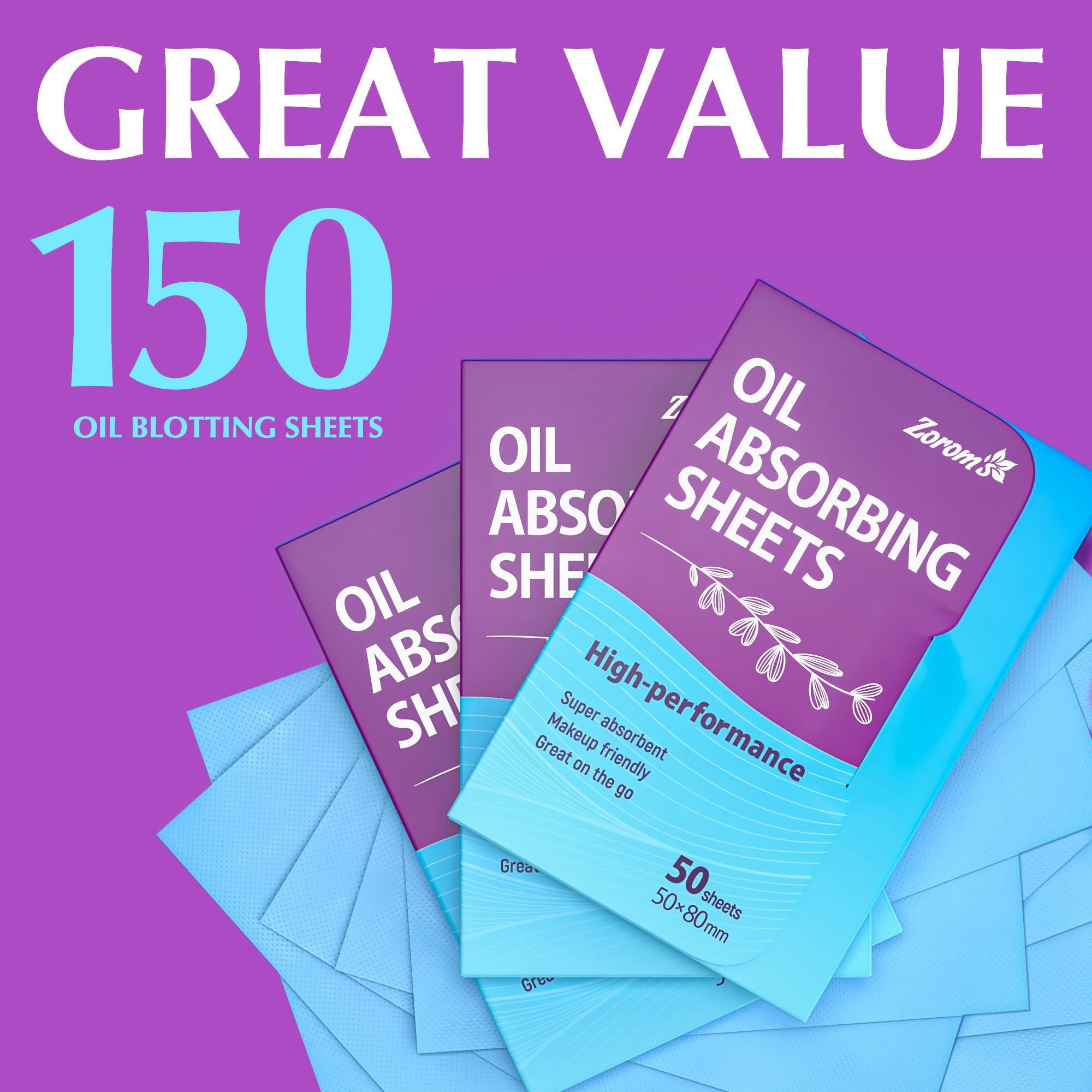 High-Performance Oil Absorbing Sheets for Face - 3 pack (150 sheets) - Makeup Friendly Blotting Papers for Oily Skin - Oil Blotting Sheets for Face