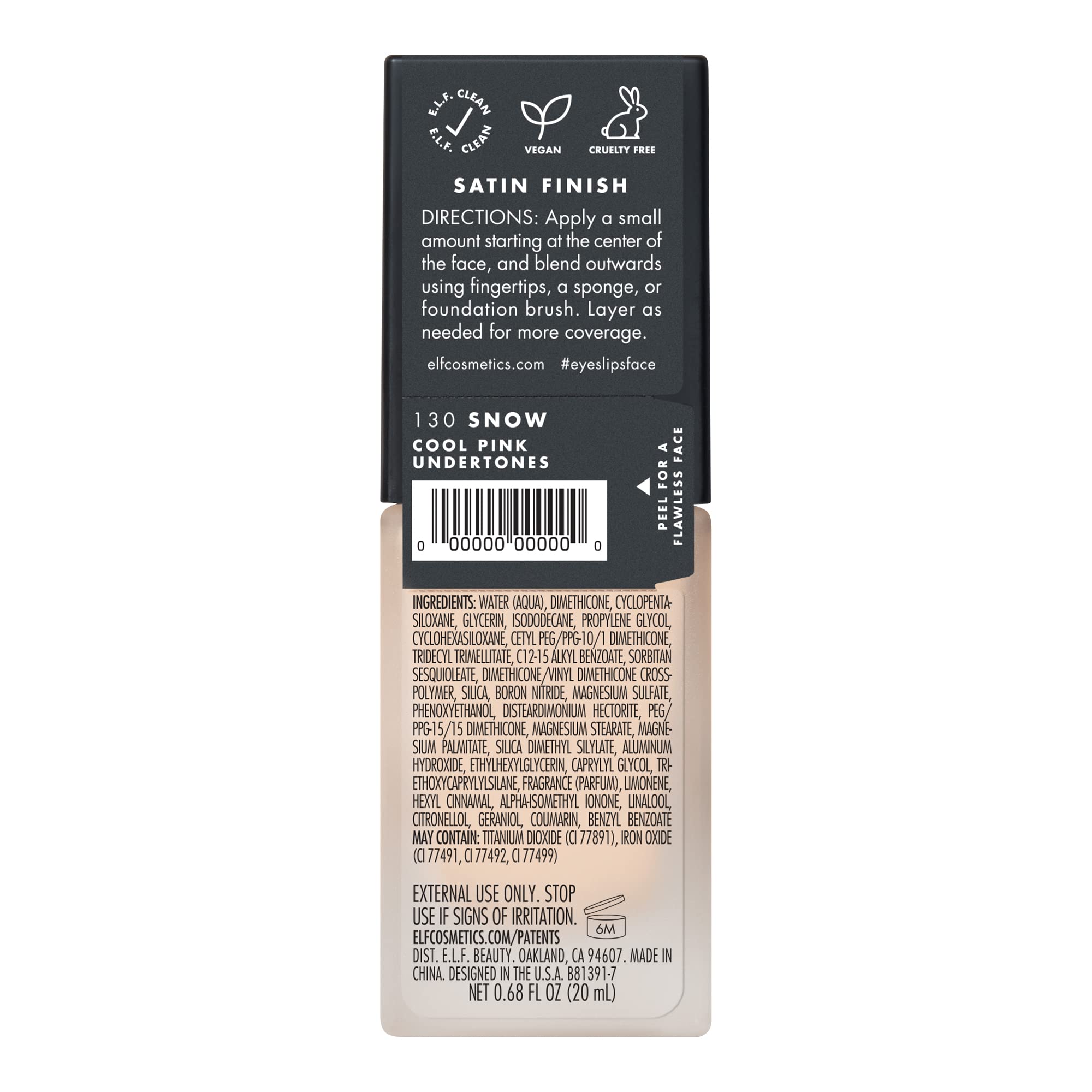 e.l.f. Flawless Satin Foundation, Lightweight & Medium Coverage, Semi-Matte Finish, Vegan & Cruelty-Free, Snow, 0.68 Fl Oz (20mL)