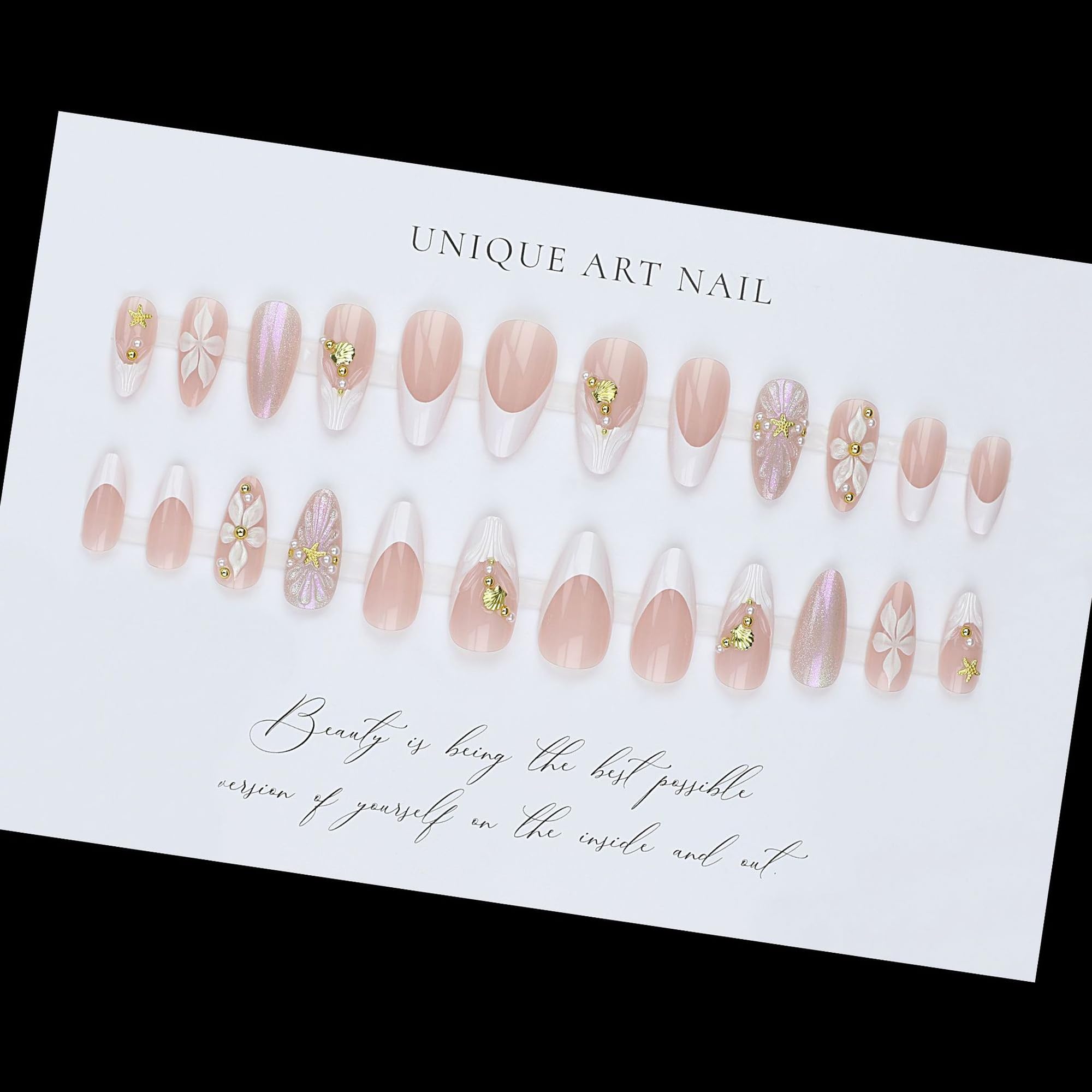 Press on Nails Medium Almond French Tip, Fake Nails with 3D Texture Embossed Flower Seashell Starfish Designs, Acrylic False Nail Glossy Glue on Nail, Full Cover Artificial Stick on Nails for Women