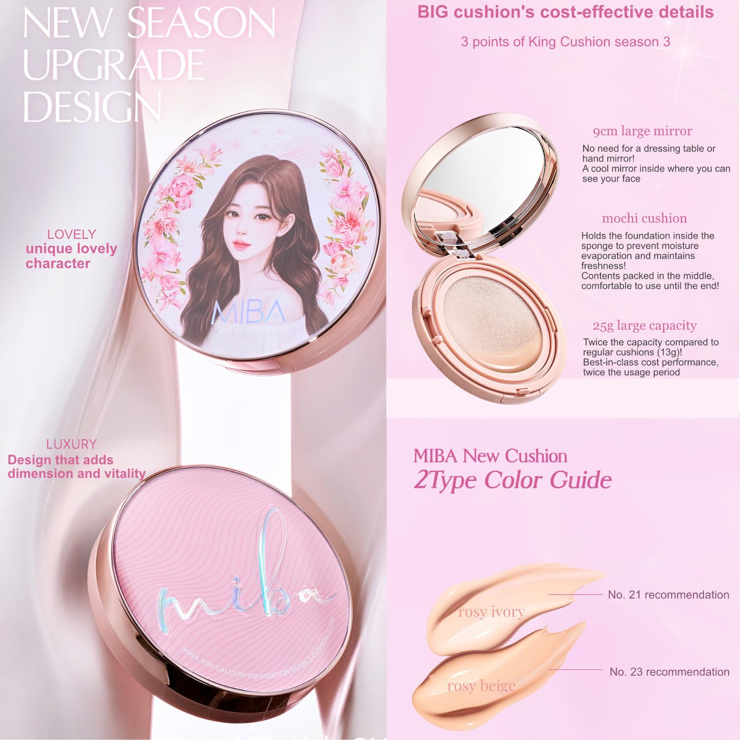MIBA Ion Calcium Foundation Double Cushion Glow 25 g / 0.88 oz Big Cushion SEASON 3. Long Lasting Cover Effect. Moisture glow. Skin tightening relief. Smooth adhesion. (#21 Rosy Ivory Refill)