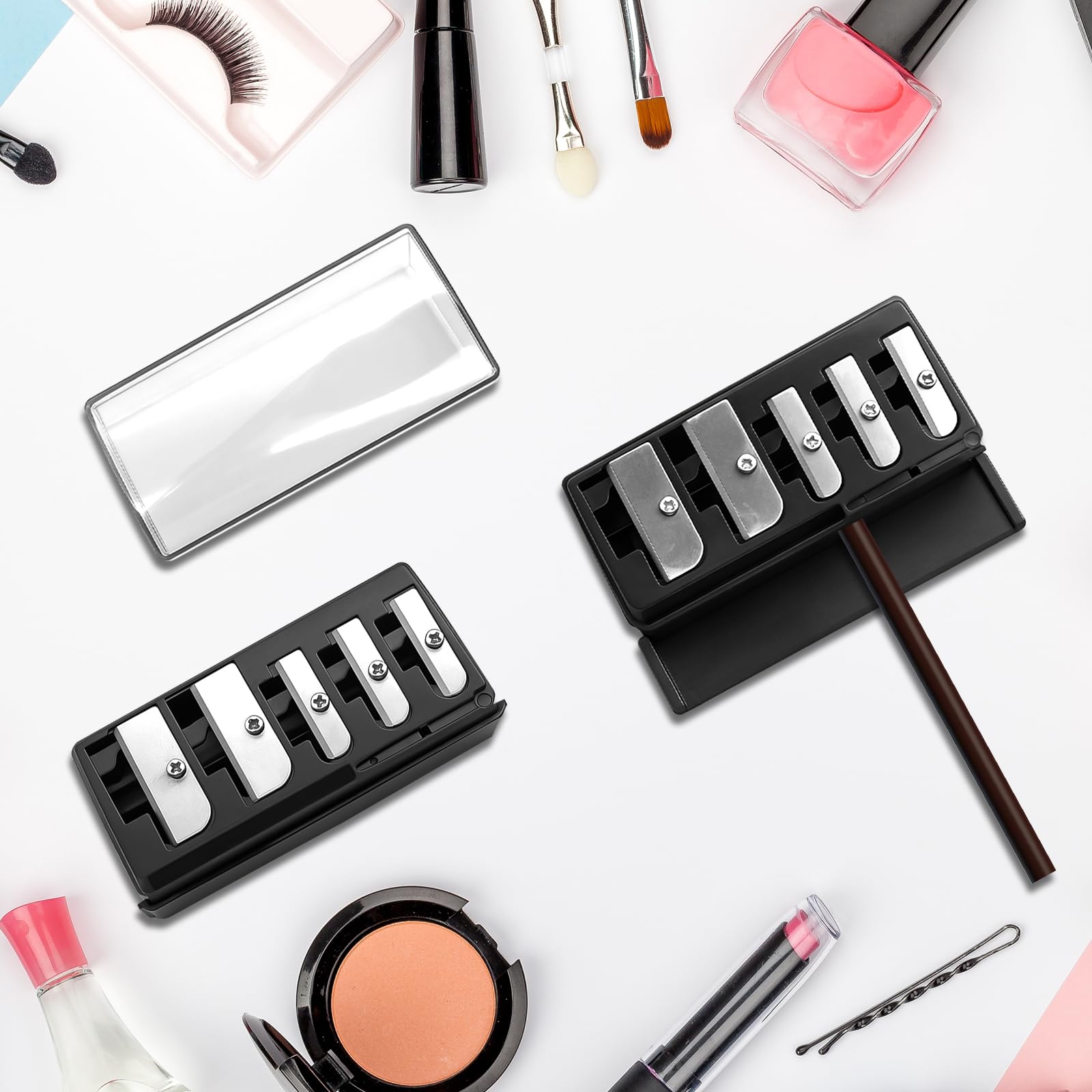 2 PCS Eyeliner Pencil Sharpener, 5 Hole Long Point Lip Liner Sharpener with Plastic Lid, Makeup Pencil Sharpener for Eyeliner, Lip Liner & Highlighter
