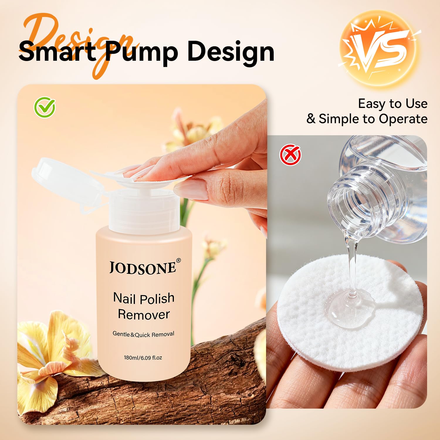 JODSONE Non-Acetone Nail Polish Remover, 6.09 Fl.Oz Orange Scent Nail Polish Remover,Gentle & Nail-friendly with Vitamin E & Aloe,Push-down Pump,Easy Daily Removal for Regular Nail Polish