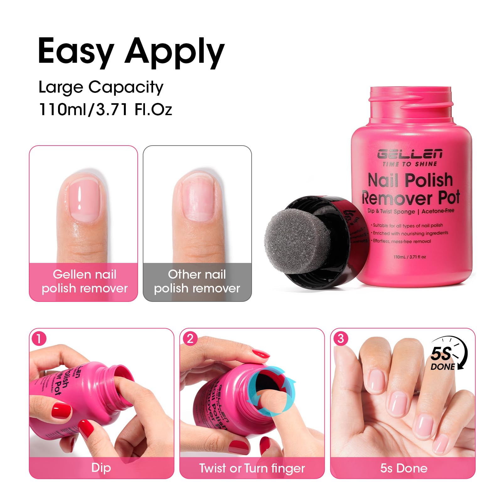 GELLEN Nail Polish Remover Jar, Dip Twist Sponge Nail Polish Remover Pot For Fingernails, Fragrance Acetone Free, Non-drying Formula Shea Butter & Vitamin E, 5-9s Quick Removal, Non-toxic
