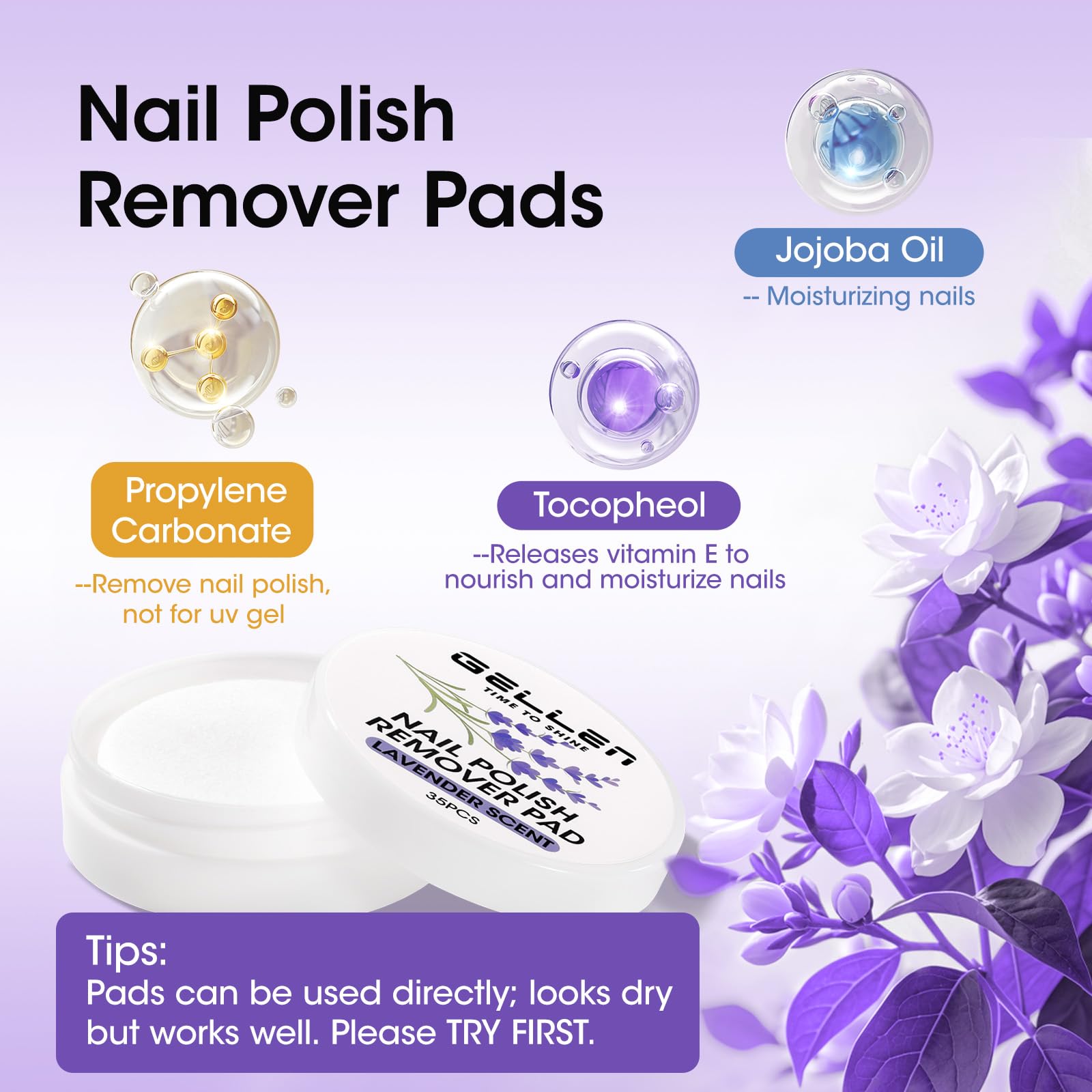 Gellen Nail Polish Remover, Dip Twist Sponge Nail Polish Remover Pot For Fingernail Toenail, Non-Acetone Fragrance Free, 5-9s Quick Removal, Lavender Scent No drying Formula Shea Butter & Vitamin E