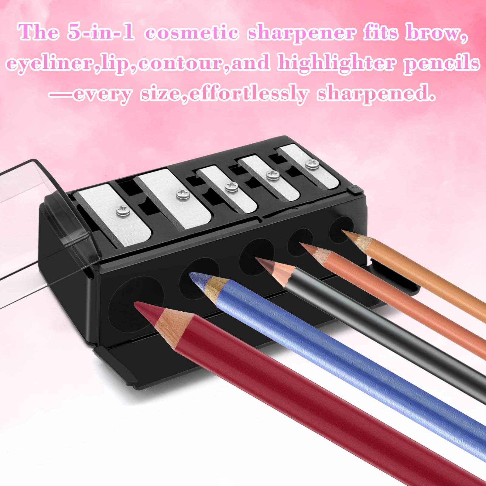 2-Pack 5 Hole Cosmetic Pencil Sharpener, Makeup Pencil Sharpener with Lid-Long Point Eyeliner Sharpener,Eyebrow and Lip Liner Sharpener for Women,Portable Manual Makeup Tool (Black)