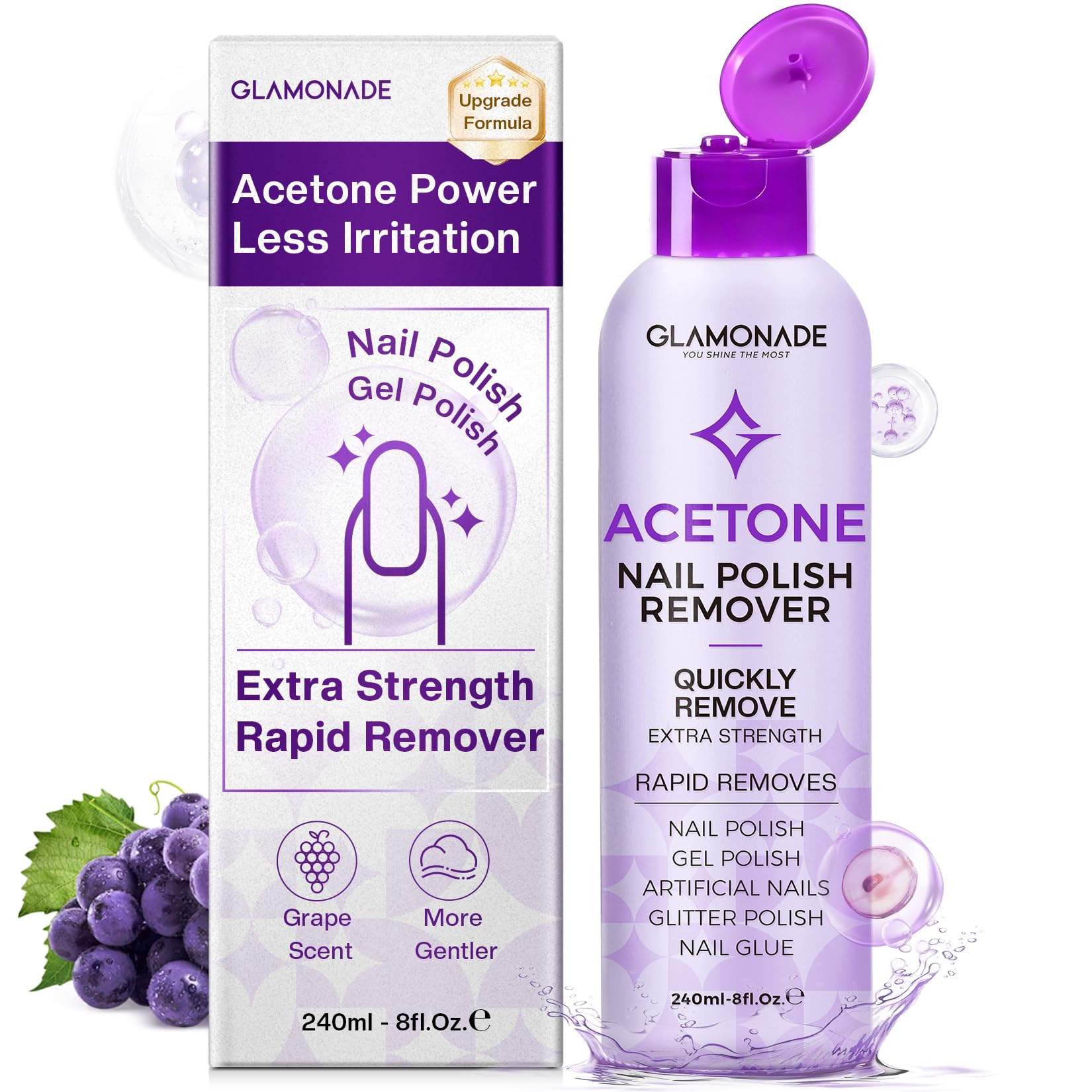 Glamonade Acetone Nail Polish Remover: Professional Gel Polish Remover for Nails - Gel Nail Polish Remover for Removal of Gel/Glue/Artificial nail - with Grape Seed Oil for Gentle Removal(8 Fl Oz)