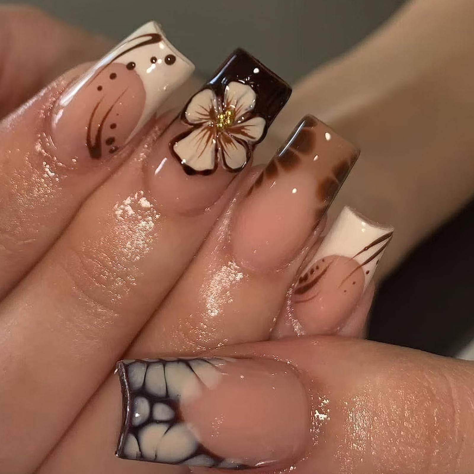ROFIBUT French Tip Press on Nails Medium Square Fake Nails Glossy Autumn Brown Leopard Print Coffin False Nails Cute White Flowers with Gold Bead Designs Reusable Floral Glue on Nails for Women 24Pcs