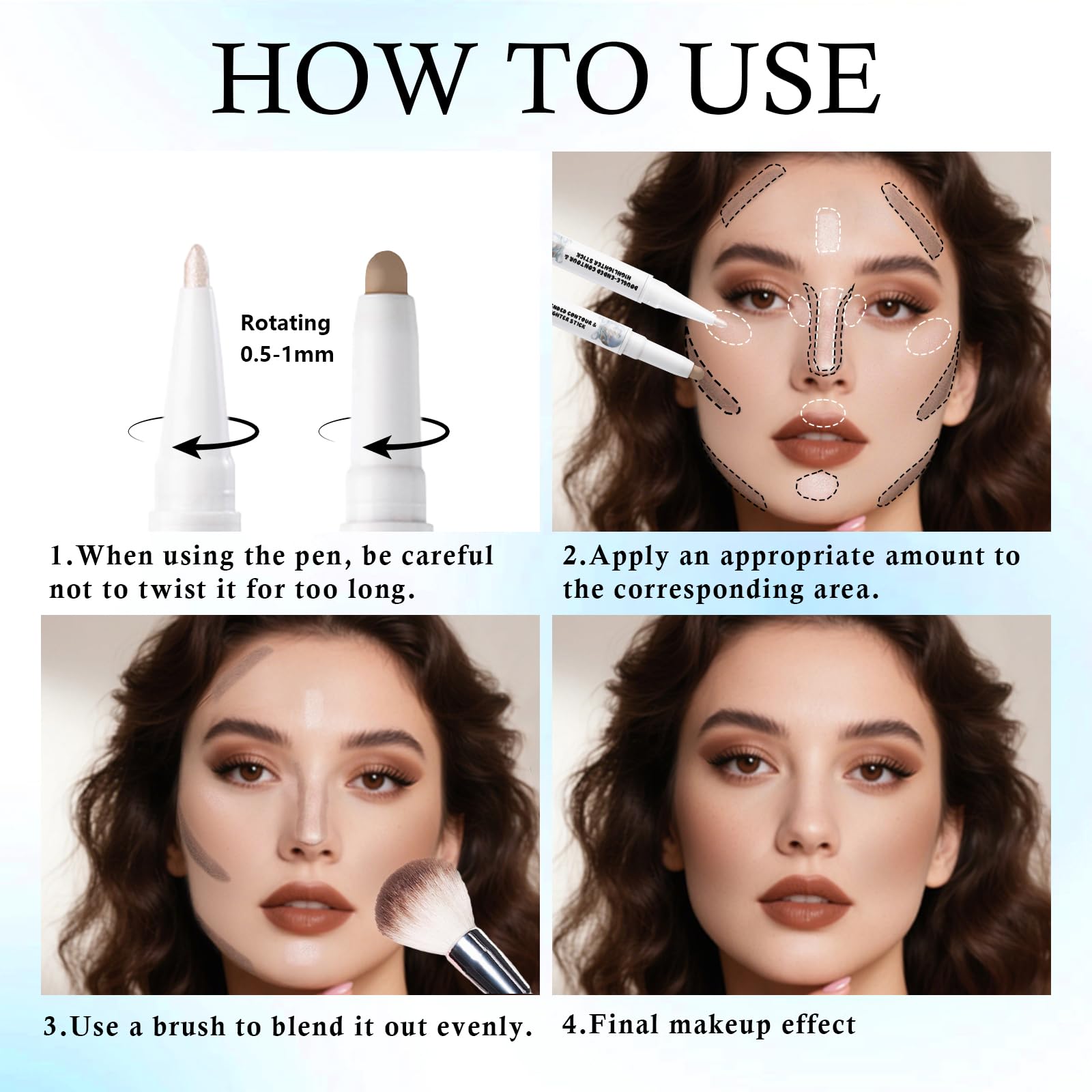 HOSAILY Dual Ended Cool Toned Contour&Champagne Shimmer Highlighter Stick, Cold Grey Creamy Long Lasting Bronzer&Brightener Pen, Blendable Smooth Nose Contouring Stick for Pale Fair Skin Facial Makeup