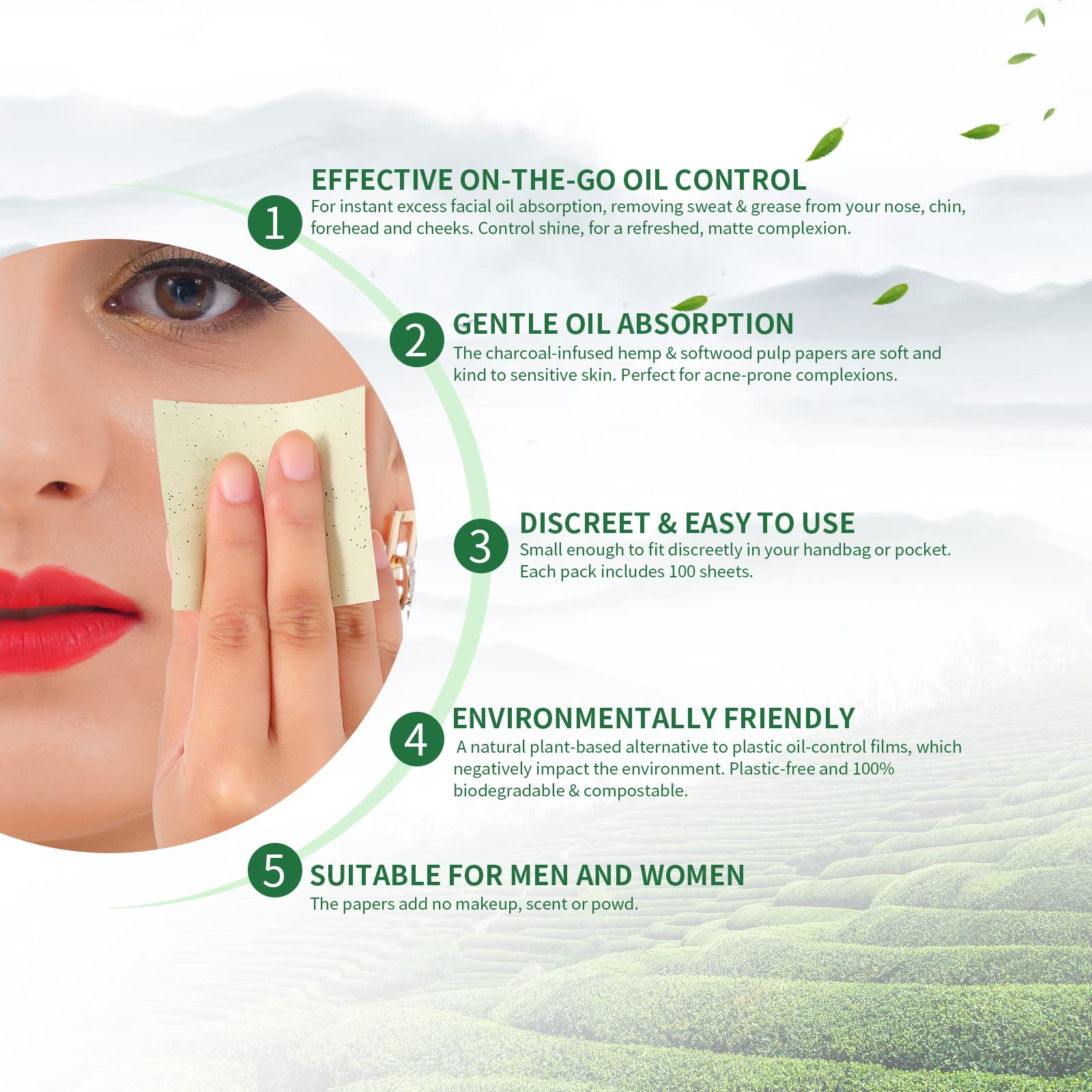 DUcare Oil Blotting Sheets for Face Green Tea Blotting Paper For Oily Skin with Portable Mirror Case & Makeup Puff, Oil Absorbing Sheets For Face 100 Counts