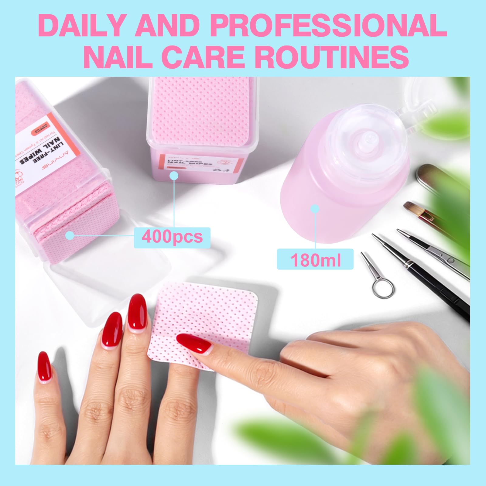ANYINS 400PCS Lint Free Nail Wipes with Acetone Pump Dispenser, Pink Nail Polish Remover Pads with Dispenser, Eyelash Glue Cleaning Wipe with 180ML Alcohol&Acetone and Polish Remover Pump Bottle Kit