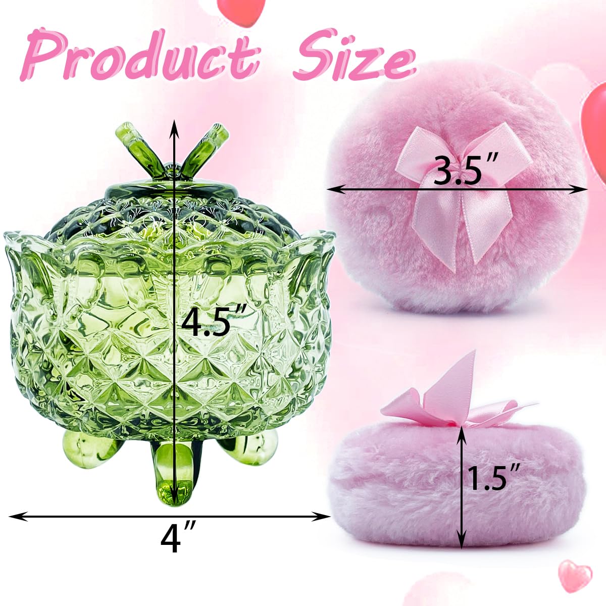 4" Glass Dusting Powder Container with 2 Fluffy Puffs,Cute 3.5" Soft Body Powder Puff and Jar Set(Butterfly-olive green)