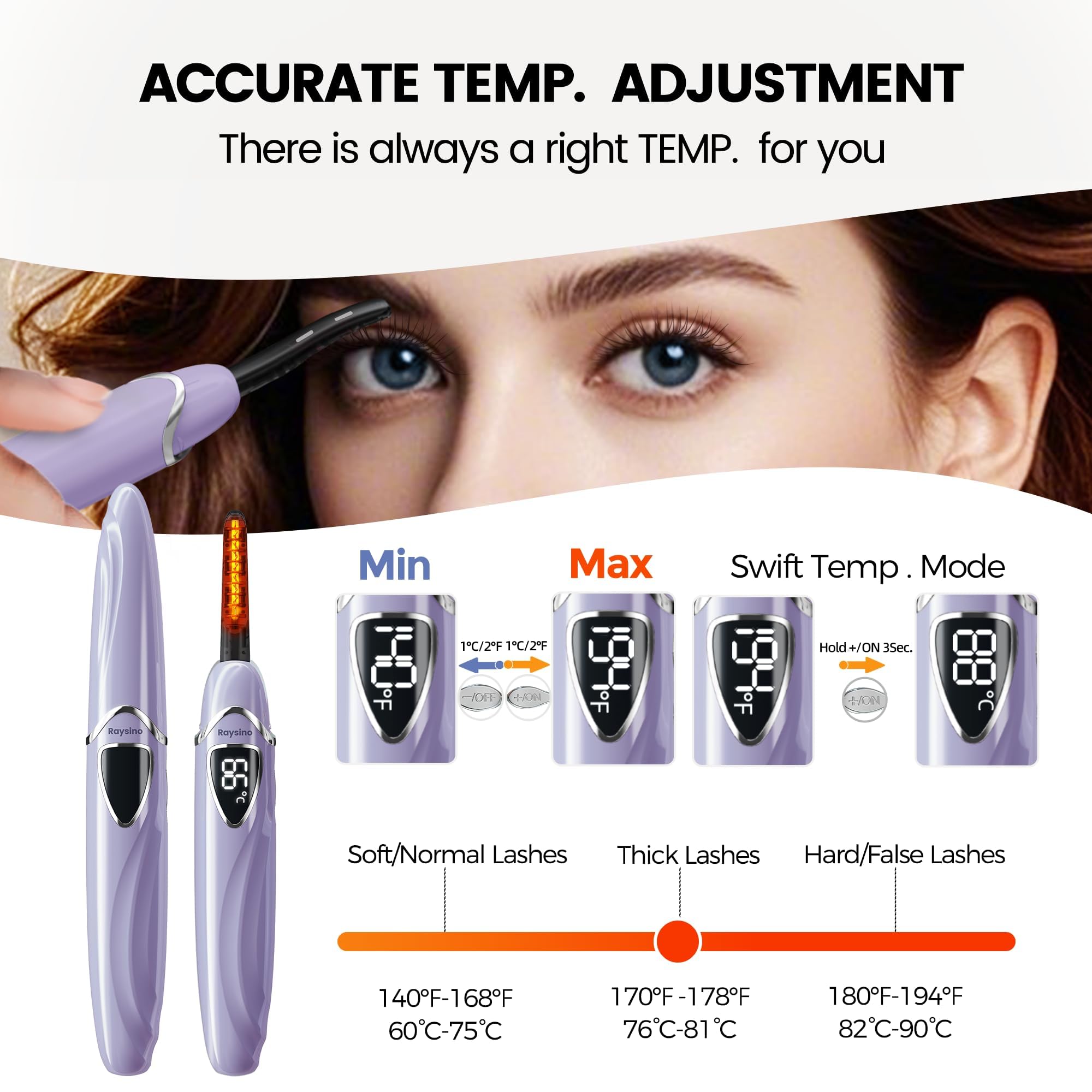 Raysino Heated Eyelash Curler, S600 Rechargeable Heated lash Culer, Eyelash Curer Heated in 8s for 24 Hs Long Lasting Natural Makeup (Lilac/Silver, 148MM)