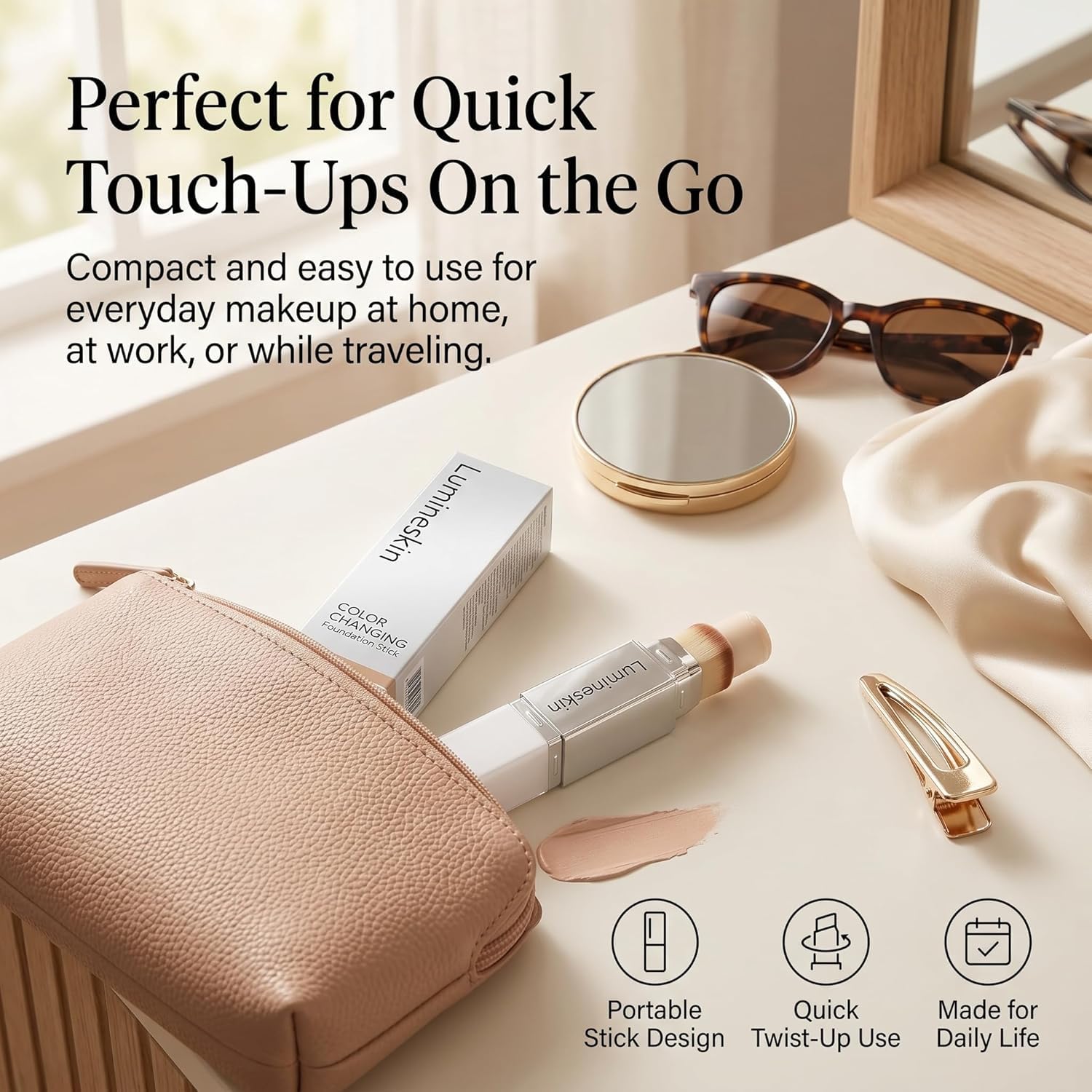 Official Lumineskin Cover Cream Stick-V Color Changing Foundation Stick - Hydrating Concealer Base Makeup, Dual-Ended with Built-in Brush, Portable for Daily Use (Natural)