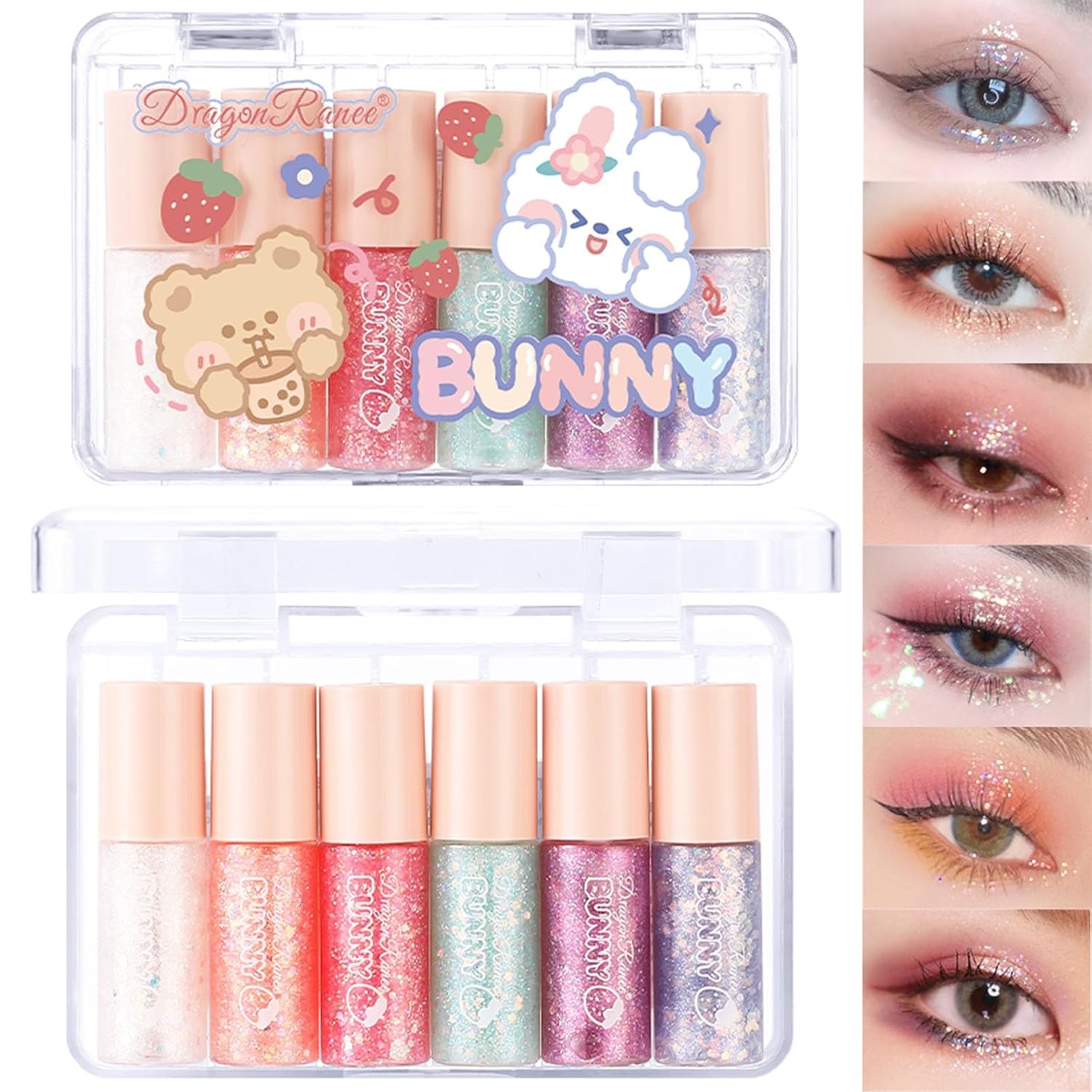 6 Pcs Liquid Glitter Eyeshadow Set Colorful Eyeliner with Long-Lasting and Waterproof Shinning Eye Shadow Gift for Women Eye Makeup (Cherry Rabbit)
