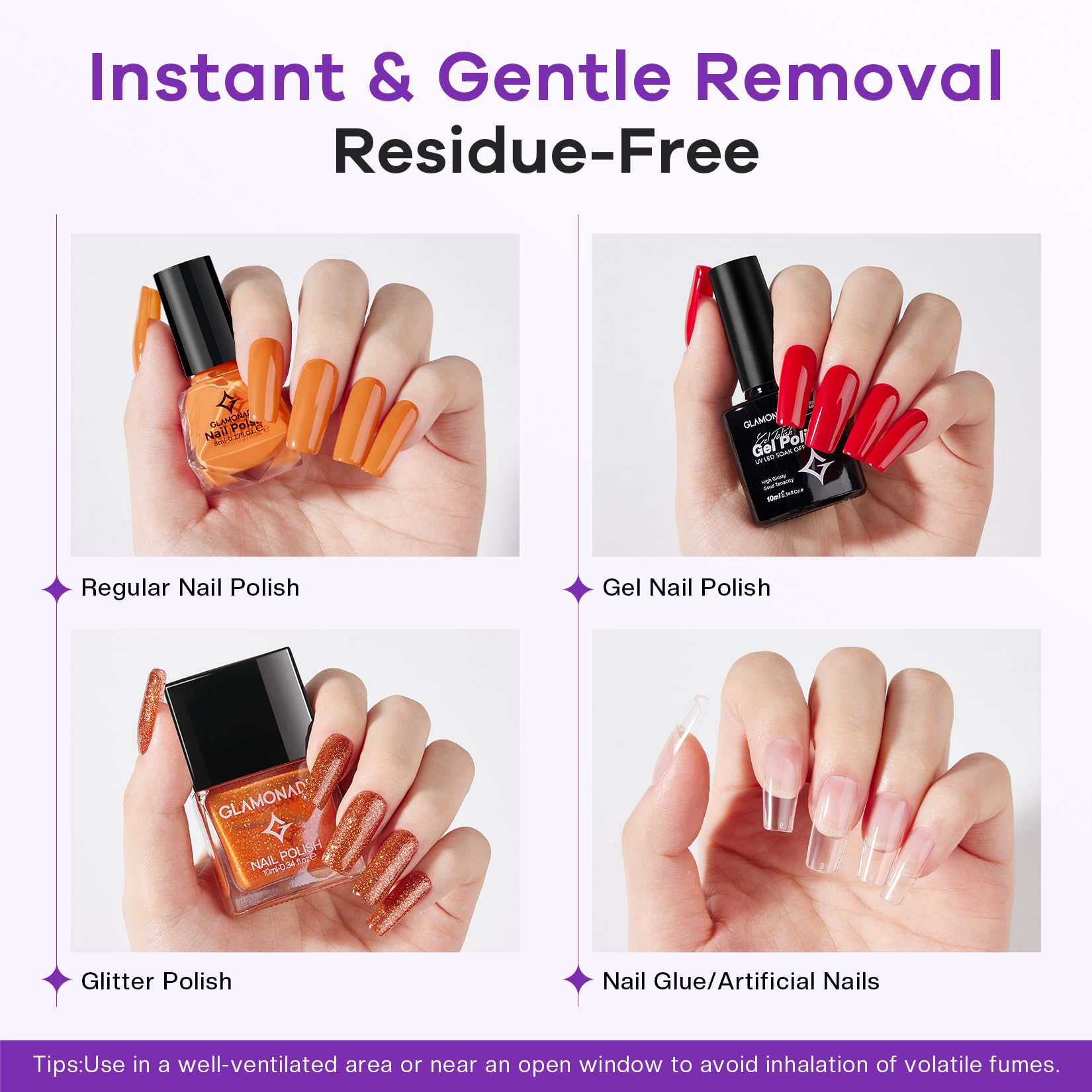 Glamonade Acetone Nail Polish Remover: Professional Gel Polish Remover for Nails - Gel Nail Polish Remover for Removal of Gel/Glue/Artificial nail - with Grape Seed Oil for Gentle Removal(8 Fl Oz)