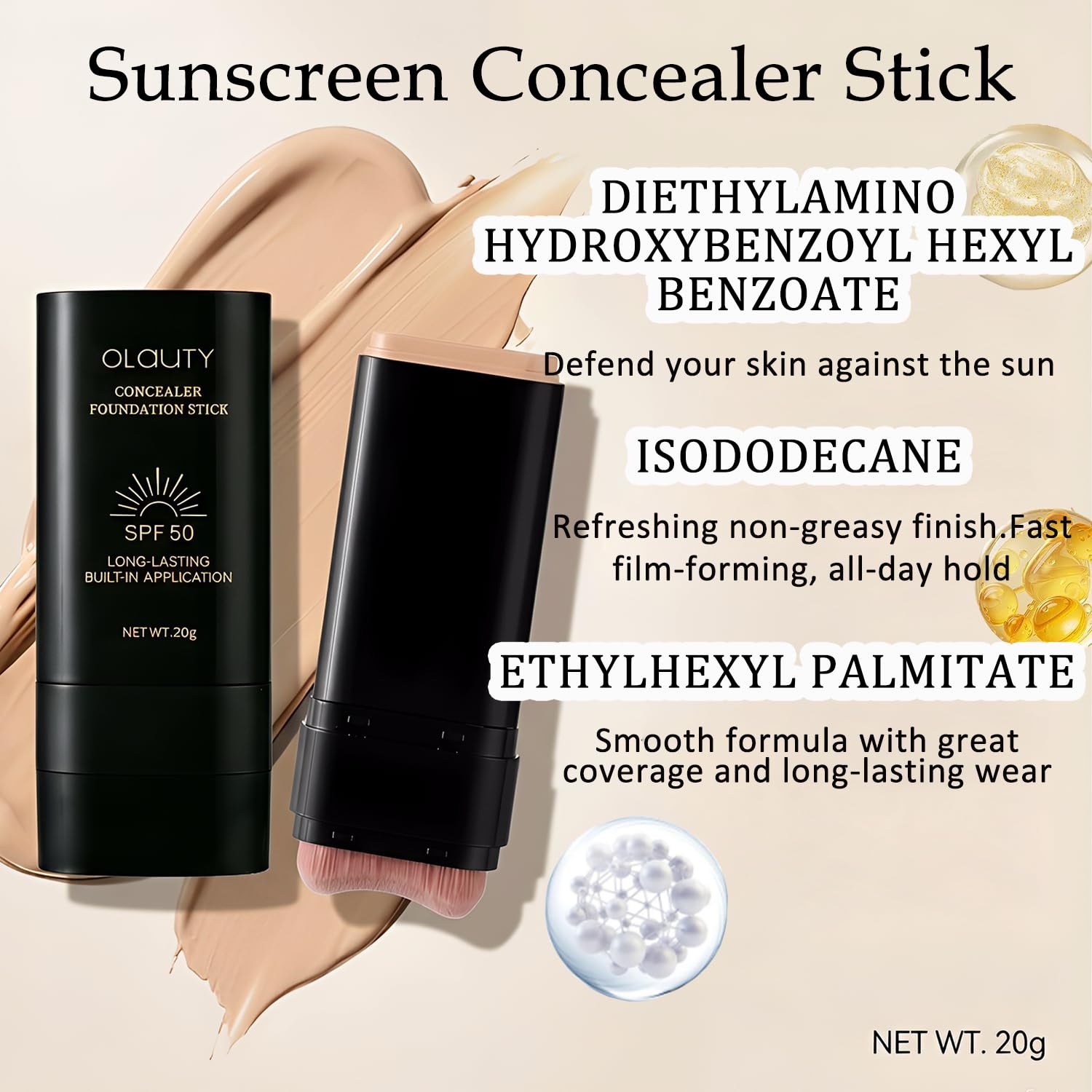 Foundation Stick SPF 50+ with Brush, 2 in 1 Dual-Ended Long-Lasting Concealer Stick, Contour Stick, Sunscreen Foundation, Tattoo Cover Up Makeup, Full Coverage Matte Finish for Face Makeup (NATURAL)