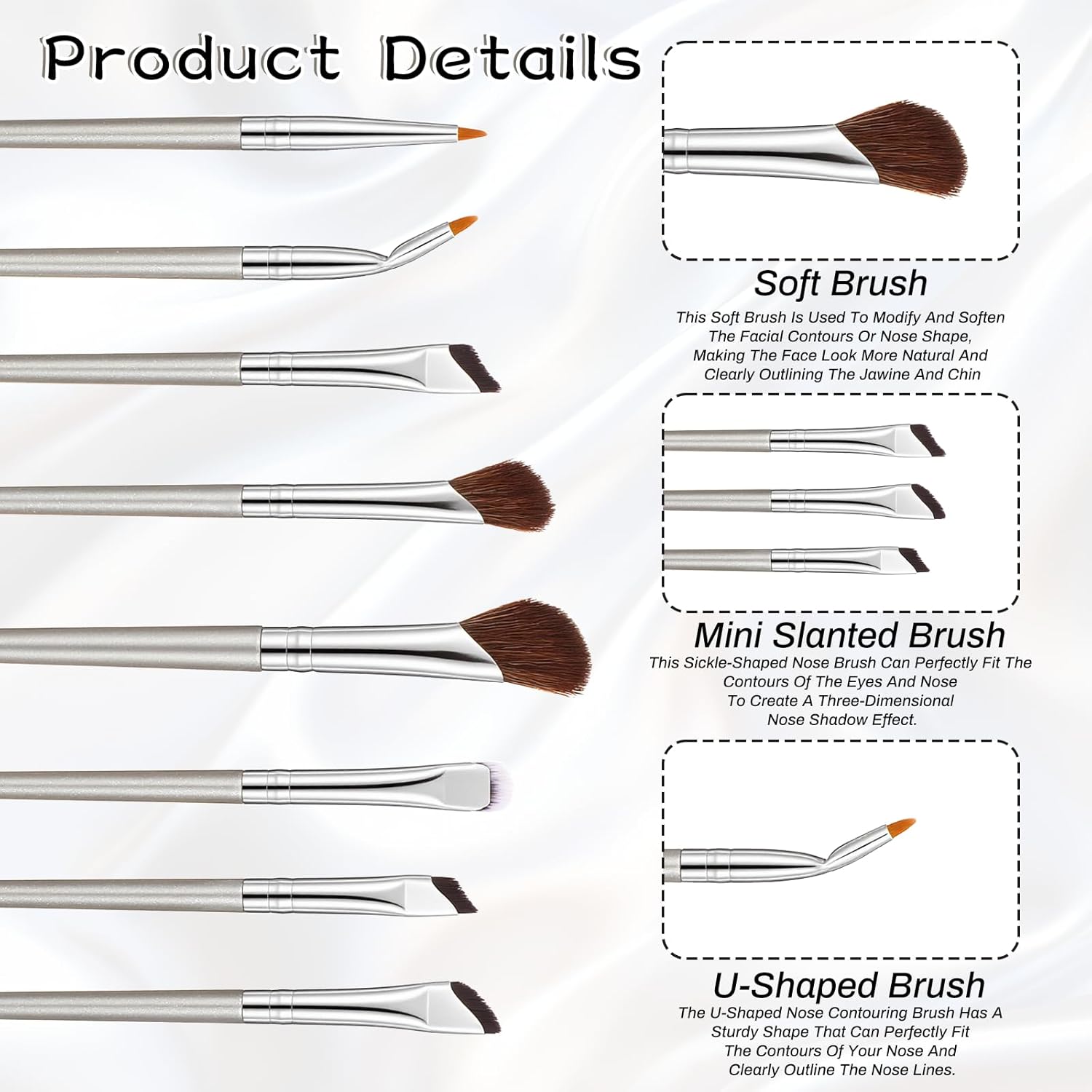 8Pcs Nose Contour Brush Eyeliner Brush Set Ultra Thin Angled Concealer Brushes Soft Bristles Flat Eyeliner Brushes Professional Beauty Cosmetic Tool for Natural, Smoky and Bold Eye Looks