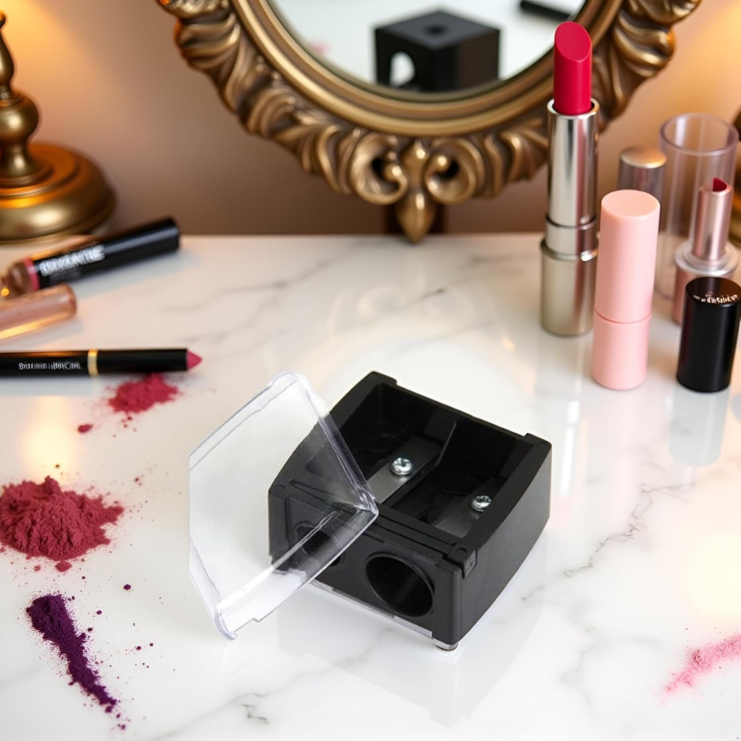 Black Dual Hole Makeup Pencil Sharpener, Portable Cosmetic Tool with Cover for Eyeliner, Eyebrow Pencils