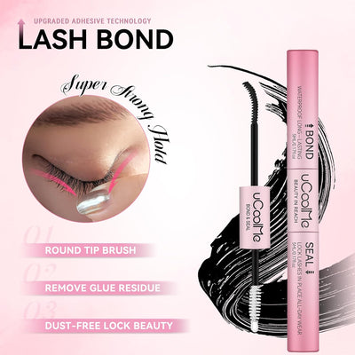 uCoolMe Lash Bond and Seal Waterproof for Lash Clusters New Upgrade Leak-Proof Cap Upgraded Airtight Pipe Material 144Hours Super Hold Non-Irritating Lash Glue for DIY at Home(Black,10ML)