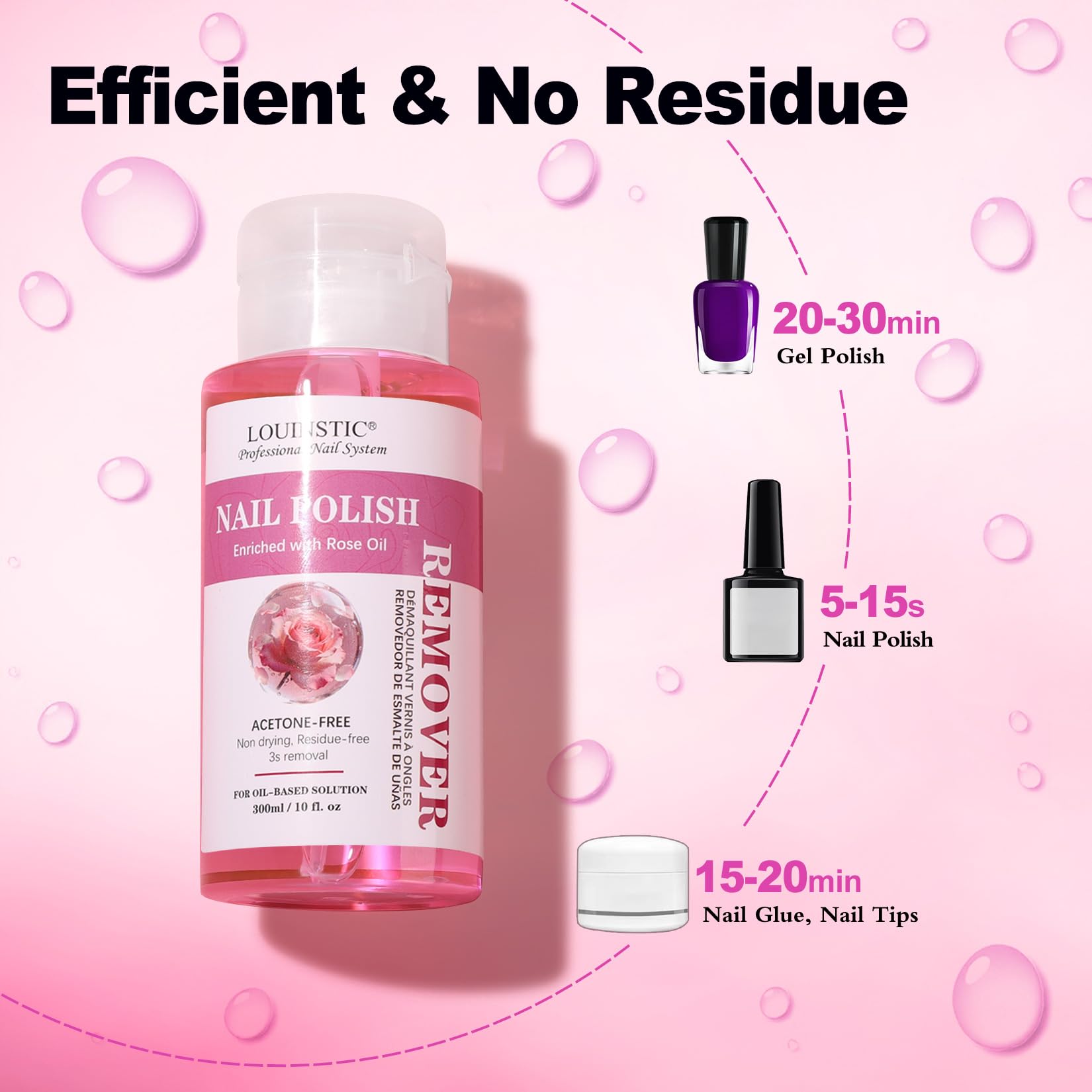Gentle Nail Polish Remover: 10.15 Fl Oz, with Press Pump, Quickly Removes Nail Polish/Glitter/Glue/Nail Tips/Gel, Professional Nail Soak Off Kit, with Removal Tool & Rose Cuticle Oil, Salon & DIY Use