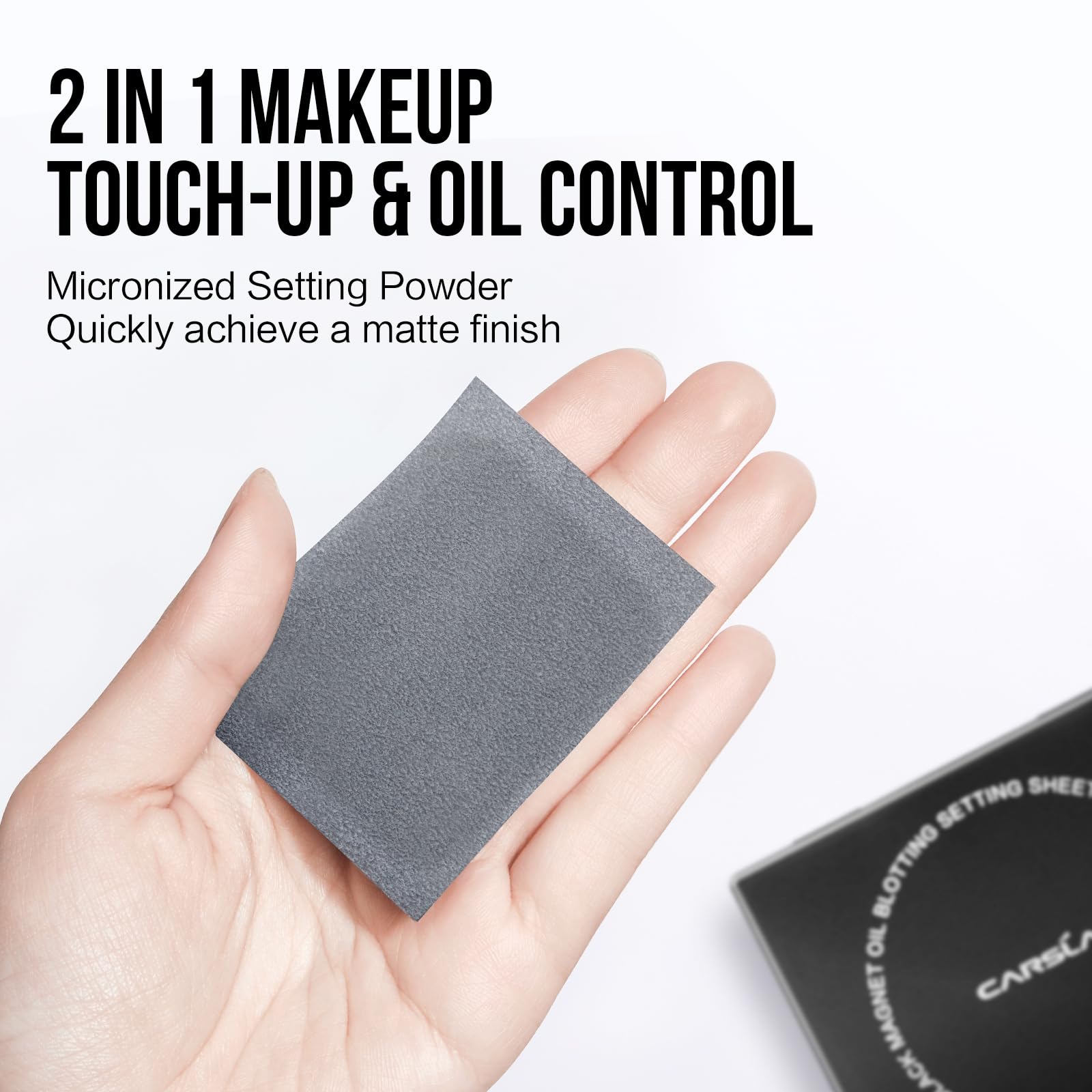 CARSLAN Makeup Blotting Paper with Powder, Black Magnet Blotting Sheet for Oily & Combination Skin, Portable Compact with Puff & Mirror, Keeps Makeup Fresh All Day, 450 Sheets + 8 Refill Adhesive Pads