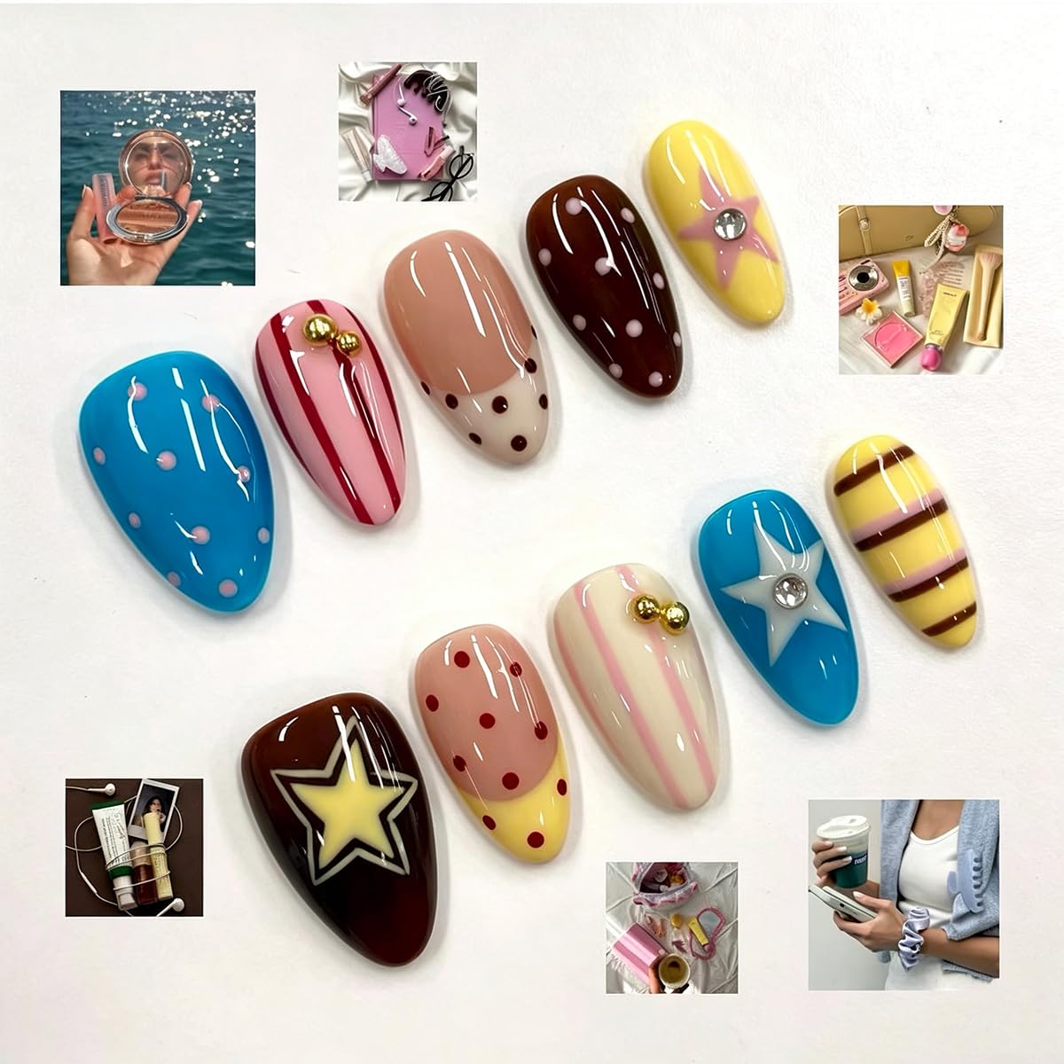 Y2K Press on Nails Medium Almond Fake Nails Colorful Polka Dot & Star Design Glossy Reusable False Nails with Metal Beads & Rhinestones Retro Aesthetic Glue on Nails for Women Manicure 24Pcs