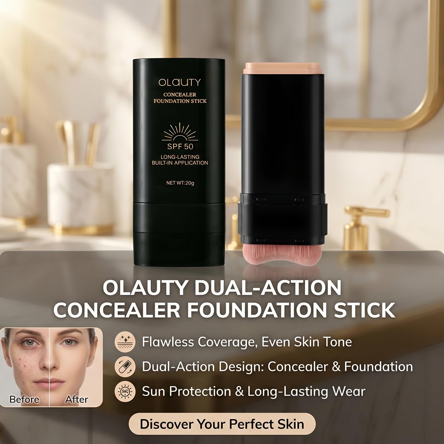 Foundation Stick SPF 50+ with Brush, 2 in 1 Dual-Ended Long-Lasting Concealer Stick, Contour Stick, Sunscreen Foundation, Tattoo Cover Up Makeup, Full Coverage Matte Finish for Face Makeup (NATURAL)