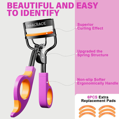 Eyelash Curlers with 6PCS Extra Replacement Pads, Premium Quality Eye Lash Curler, Superior Curling Effect, Easy to Hold and Use, Mother's Day Gifts for Her - Orange Purple Handle