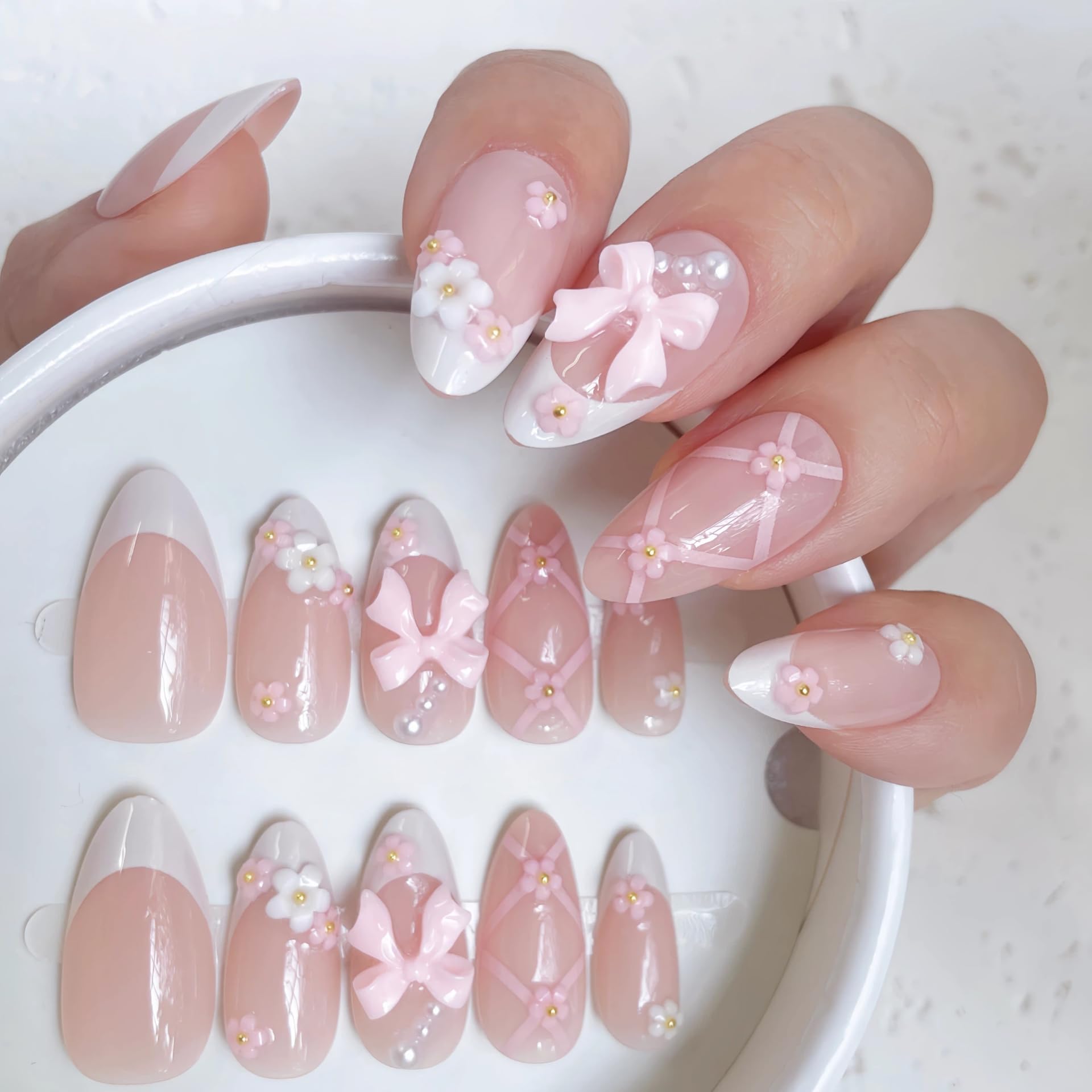 VELINNA Coquette Bow Press-On Nails, 24pcs Blush Pink French Tip Almond Fake Nails with 3D Bow & Pearls, Medium Length Reusable Glue-On Nails Kit for Wedding, Prom & Date
